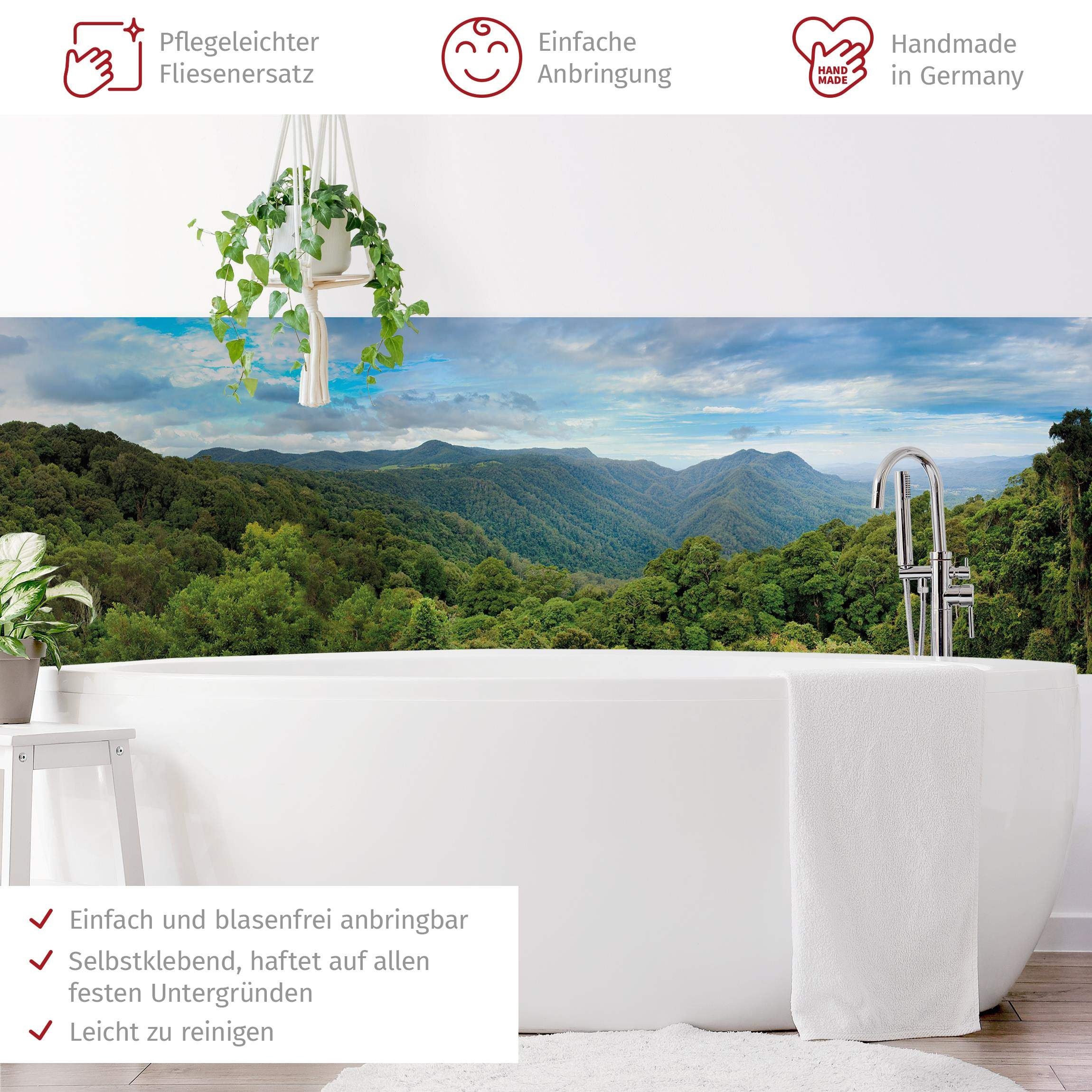 Bilderdepot24 Badrückwand grün fugenlose Wandverkleidung Bad Tropisch, (Hartfolie matt » Selbstklebend SMART 0,35 mm), wasserfestes Wandpaneel Dschungel Ausblick