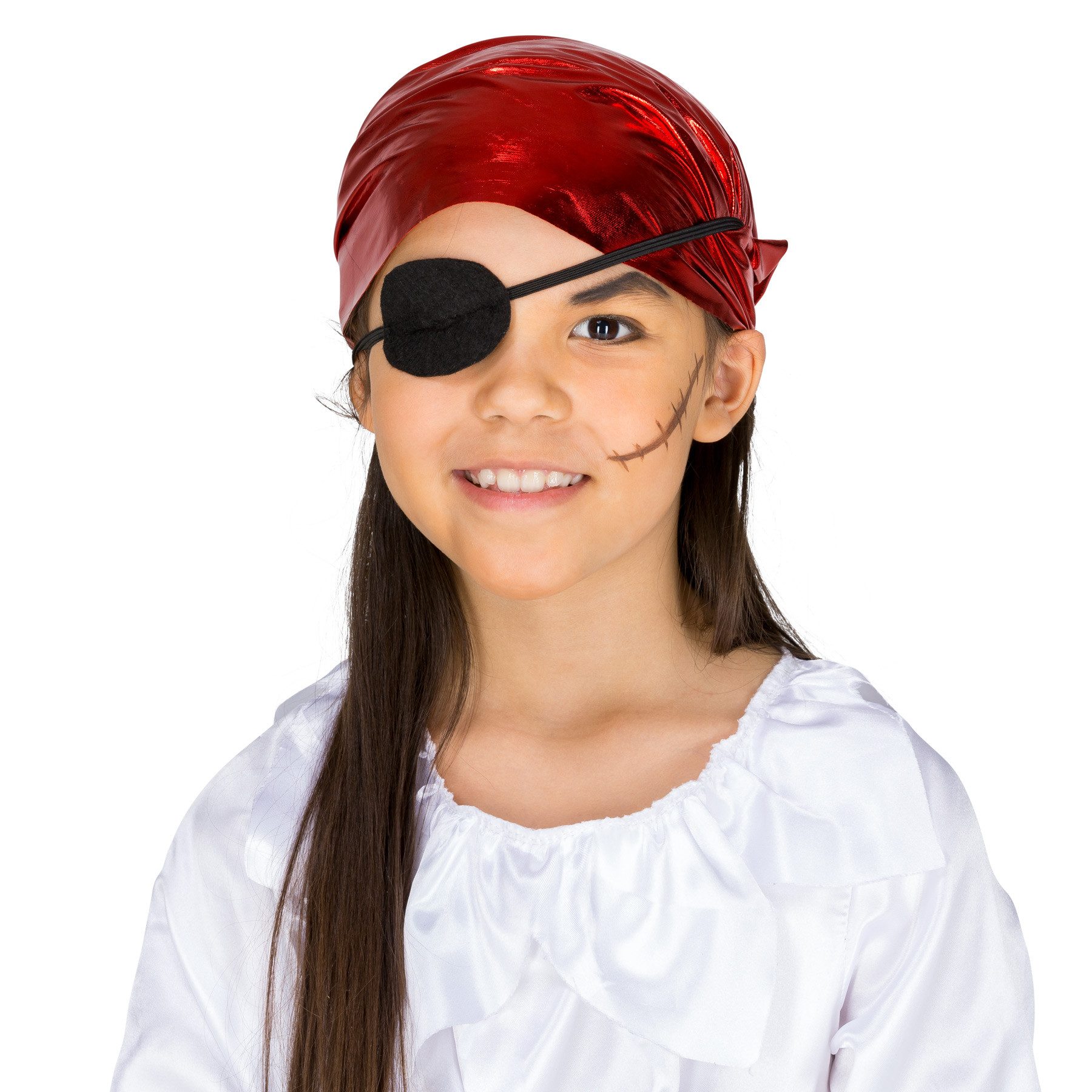 dressforfun Piraten-Kostüm Seeräuberin/Freibeuterin, Gr. 104 (3-4 Jahre), Kleid, Glänzender, in schwarz, Schnürung vorn an der Taille, Schönes glänzendes Haartuch
