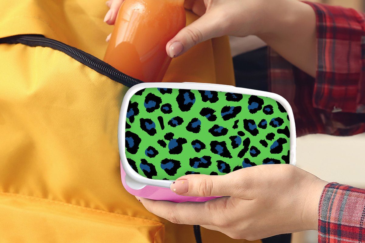 Druck Snackbox, Kinder, Brotbox Blau, für Mädchen, Erwachsene, Brotdose - rosa Neon Kunststoff Grün - MuchoWow Kunststoff, Lunchbox Panther - (2-tlg),