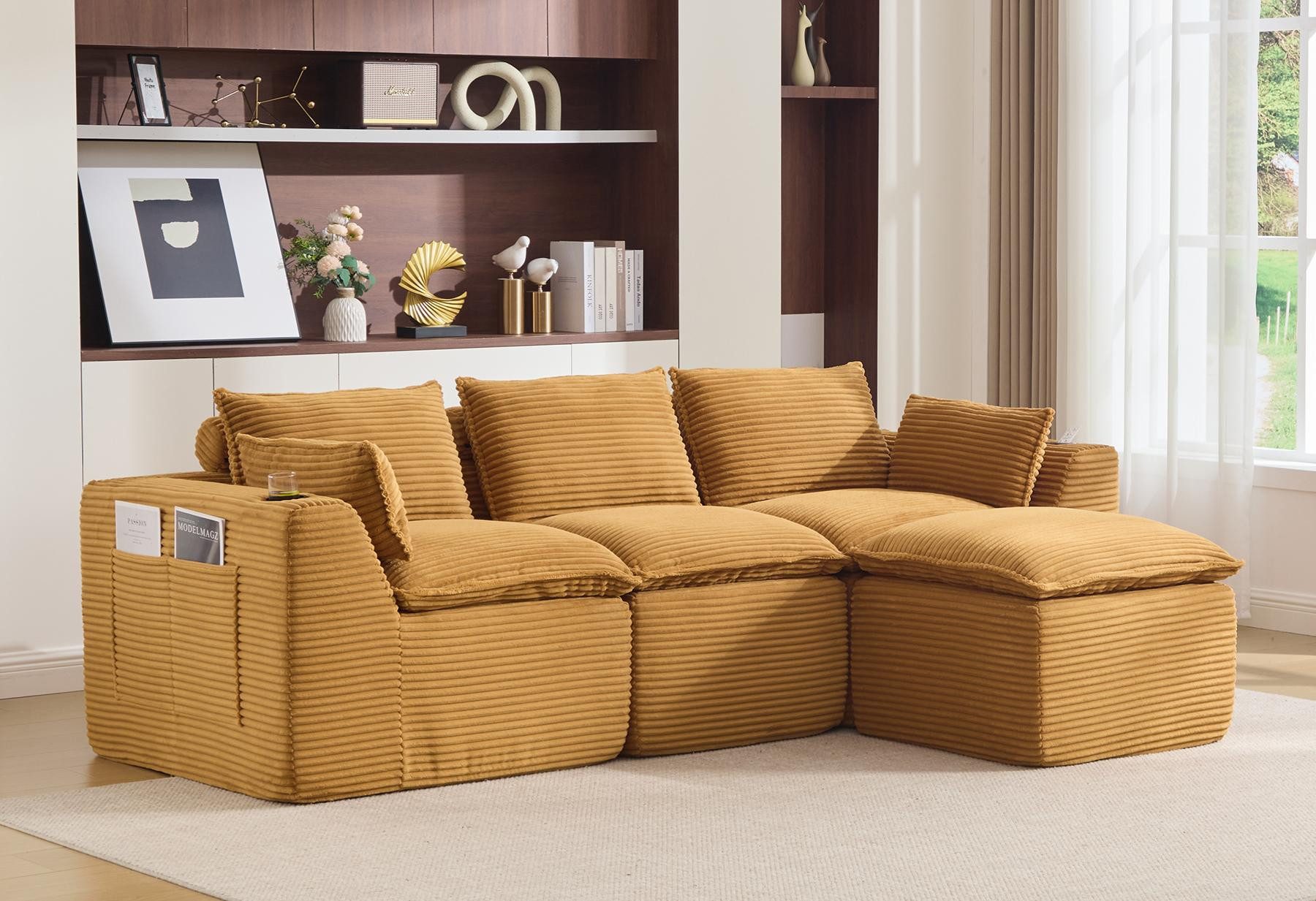 LVHOM Loungesofa Modulares Schlafsofa, Cord/Chenille, Getränkehaltern & Seitentaschen, 3-/4-Sitzer mit Hocker,große Kissen, kleine Kissen 9 Teile, Wohn-/Gästezimmer als Chaiselongue, Gästebett, Liegebereich, Spielbereich