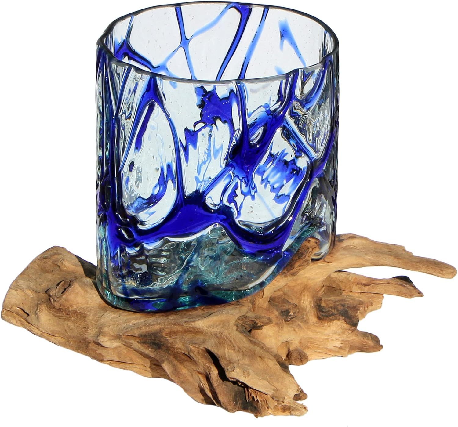 Wogeka Dekovase Glas-Vase "Gloria" auf Wurzel-Holz Ø Glas 15-16 cm Teakholz Gamal