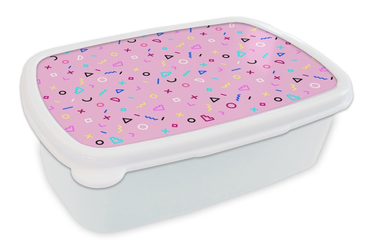 MuchoWow Lunchbox Design - Muster - Rosa - Jahre 80s, Kunststoff, (2-tlg), Brotbox für Kinder und Erwachsene, Brotdose, für Jungs und Mädchen weiß