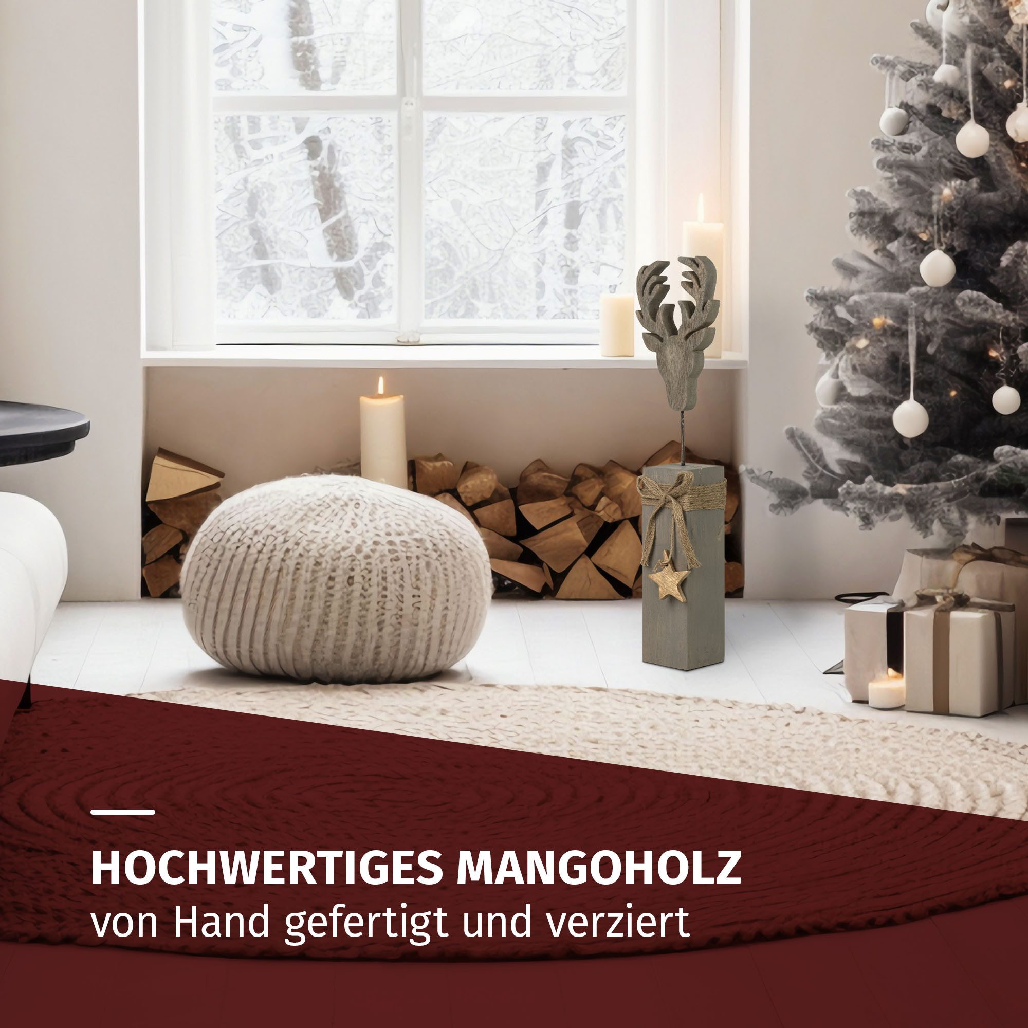 Moritz Skulptur Hirschkopf auf Mangoholzsockel 65 cm Weihnachten Dekofigur, Holz, Tischdeko, Fensterdeko, Wanddeko, Holzdeko, Weihnachtsdeko