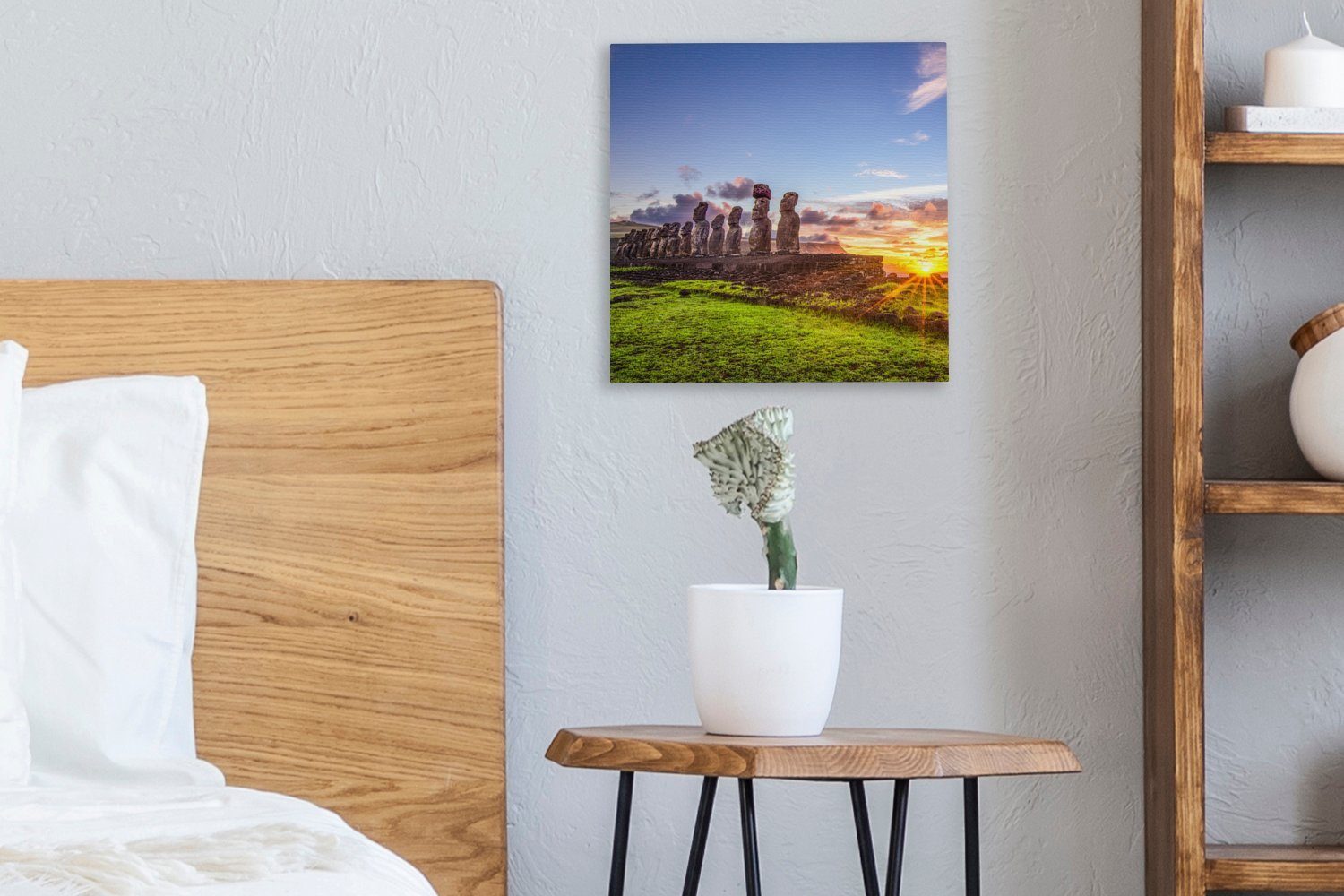 Moai-Statuen Leinwandbild der Bilder OneMillionCanvasses® St), hinter Sonnenaufgang auf Schlafzimmer für Wohnzimmer Osterinsel, (1 Leinwand den