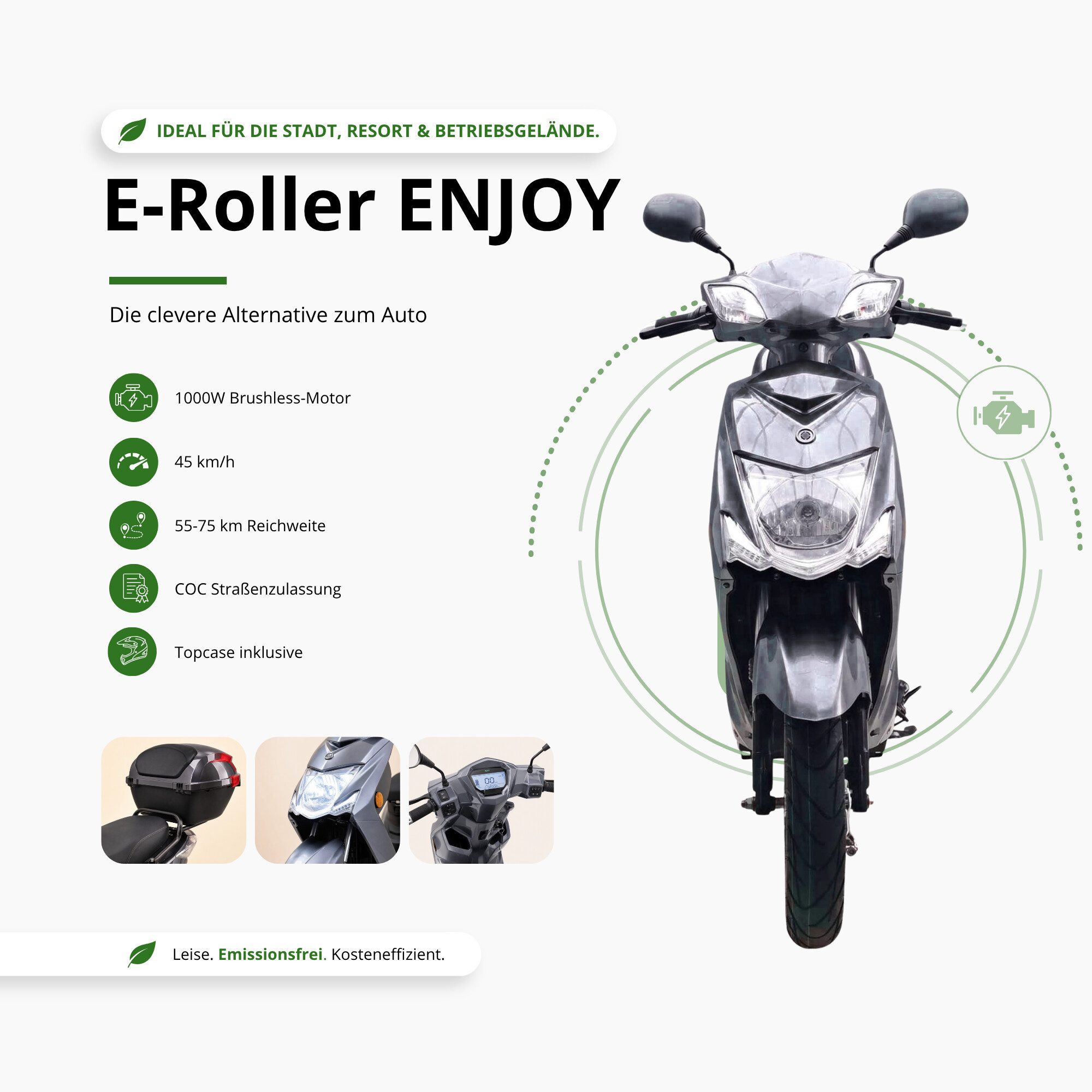 Urban Hopper E-Motorroller Elektro-Roller mit Straßenzulassung in Grau Urban Hopper Enjoy, 1000 W, 25 km/h, Reichweite ca. 75 km mit LED, Scheibenbremsen Inklusive Top-Case
