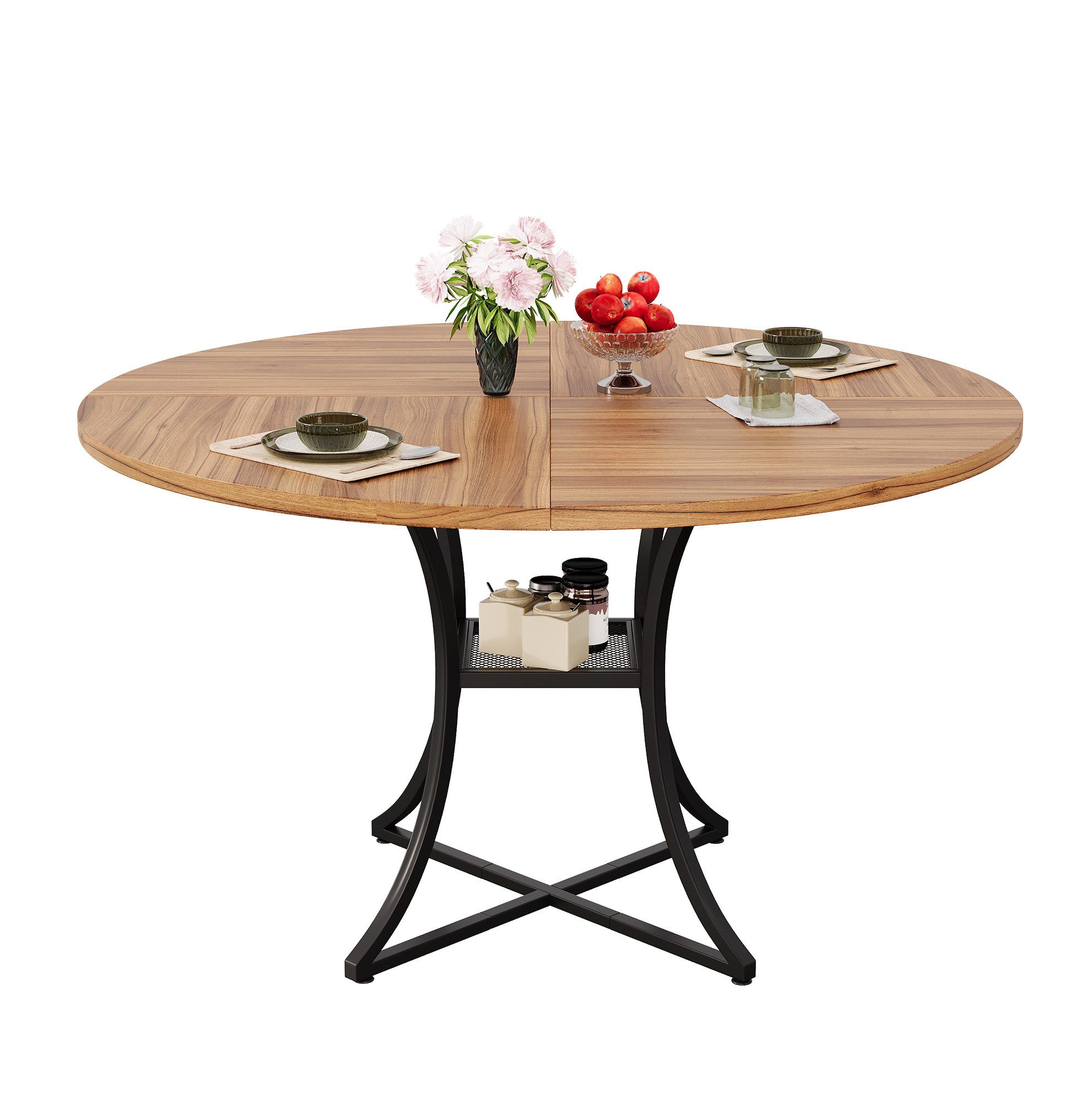 MODFU Esstisch Kompakter Tisch – 100×100×75 cm für 4–6 Personen (Packung, 1-St., Walnuss+Schwarz, für Esszimmer & Wohnzimmer), Walnussoptik, X-Gestell, Ablage, MDF