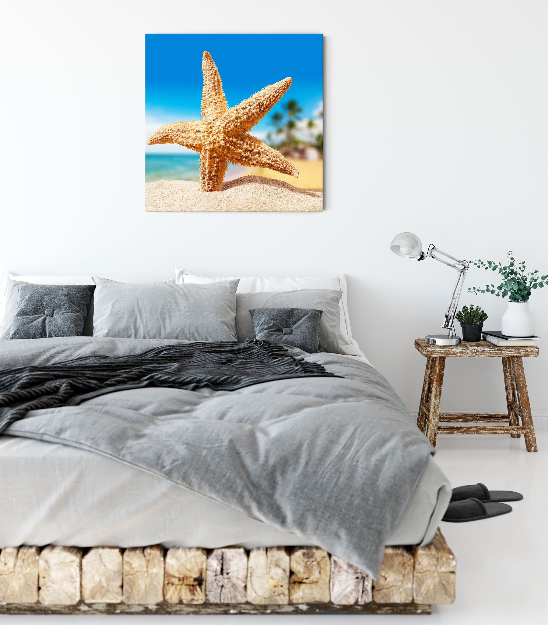 Beach fertig bespannt, Beach, Seestern St), Palm inkl. Palm Zackenaufhänger (1 Leinwandbild Seestern Pixxprint Leinwandbild