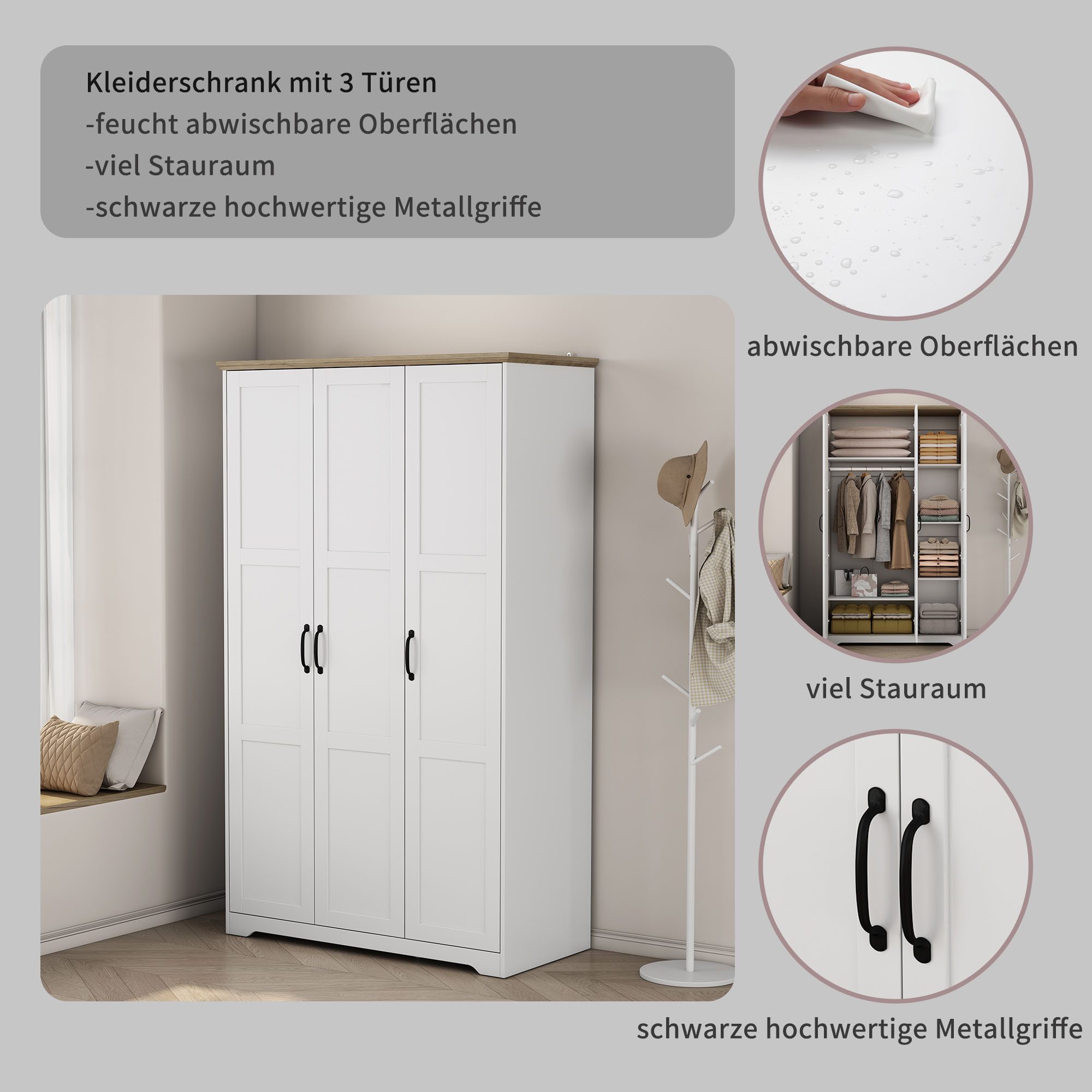 OTTO home Kleiderschrank Emmilia Schrank Schlafzimmerschrank im Landhaus Design (Mit vielen Einlegeböden und Softclose) Landhaus Schrank mit 3 Türen Breite 113,4cm, Höhe 2m