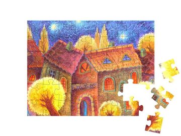 puzzleYOU Puzzle Nacht: Stadt mit gelben Bäumen, Ölgemälde, 48 Puzzleteile, puzzleYOU-Kollektionen Kunst & Fantasy
