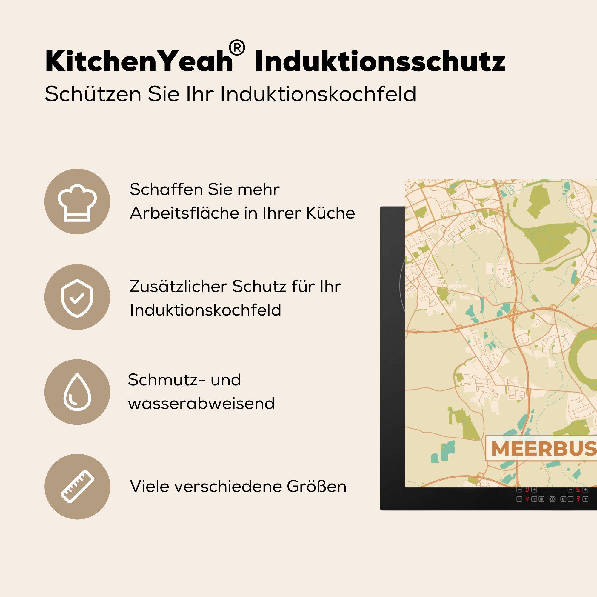 MuchoWow Herdblende-/Abdeckplatte Meerbusch Stadtplan cm, - Vinyl, (1 Arbeitsplatte Vintage, - küche für Ceranfeldabdeckung, 78x78 Karte - tlg),