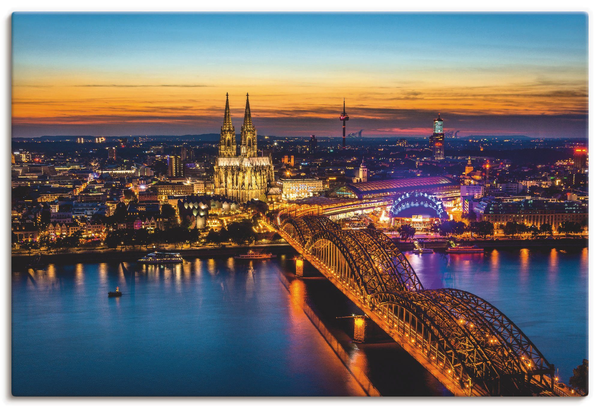Artland Leinwandbild Erleuchtetes Köln von oben, Deutschland (1 St), auf Holzrahmen gespannt