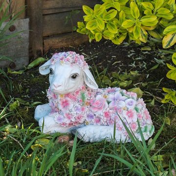 colourliving Tierfigur Lamm Figur liegend Blumenlamm Deko Lämmchen, Handbemalt, Wetterfest, Extrem Detailreich