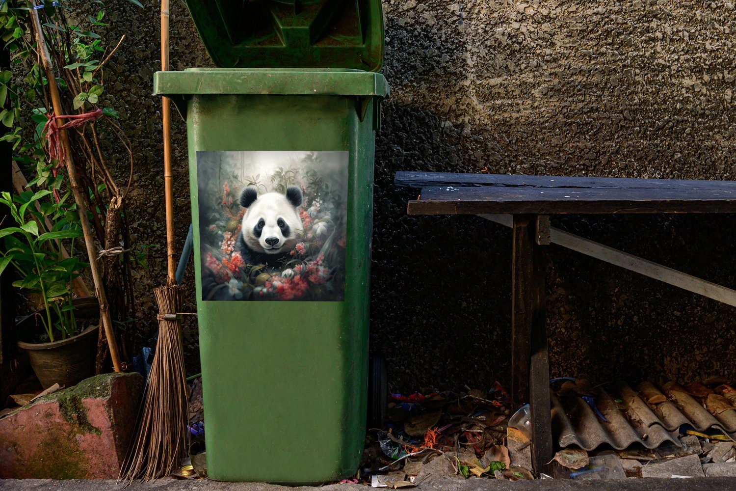 MuchoWow Wandsticker Panda - Sticker, - St), Wildtiere Abfalbehälter Container, Mülltonne, Mülleimer-aufkleber, Natur - Blumen (1