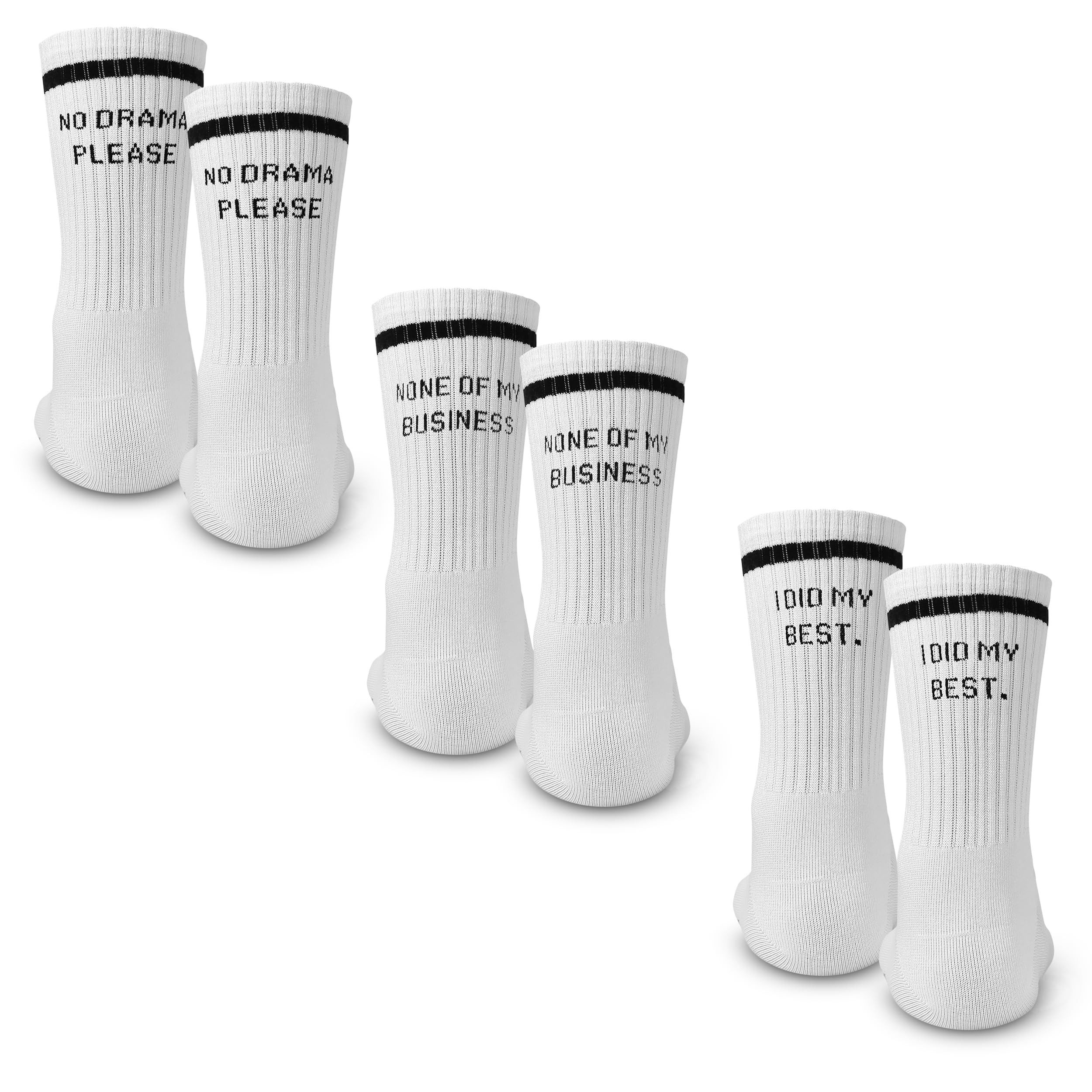 Made by Nami Socken Crew Socks 3-er Set aus Baumwolle, Herren & Damen (Set, 3 Paar) Weiße Retro Tennis Socken mit Sprüchen, "Drama" "Business" "Best"