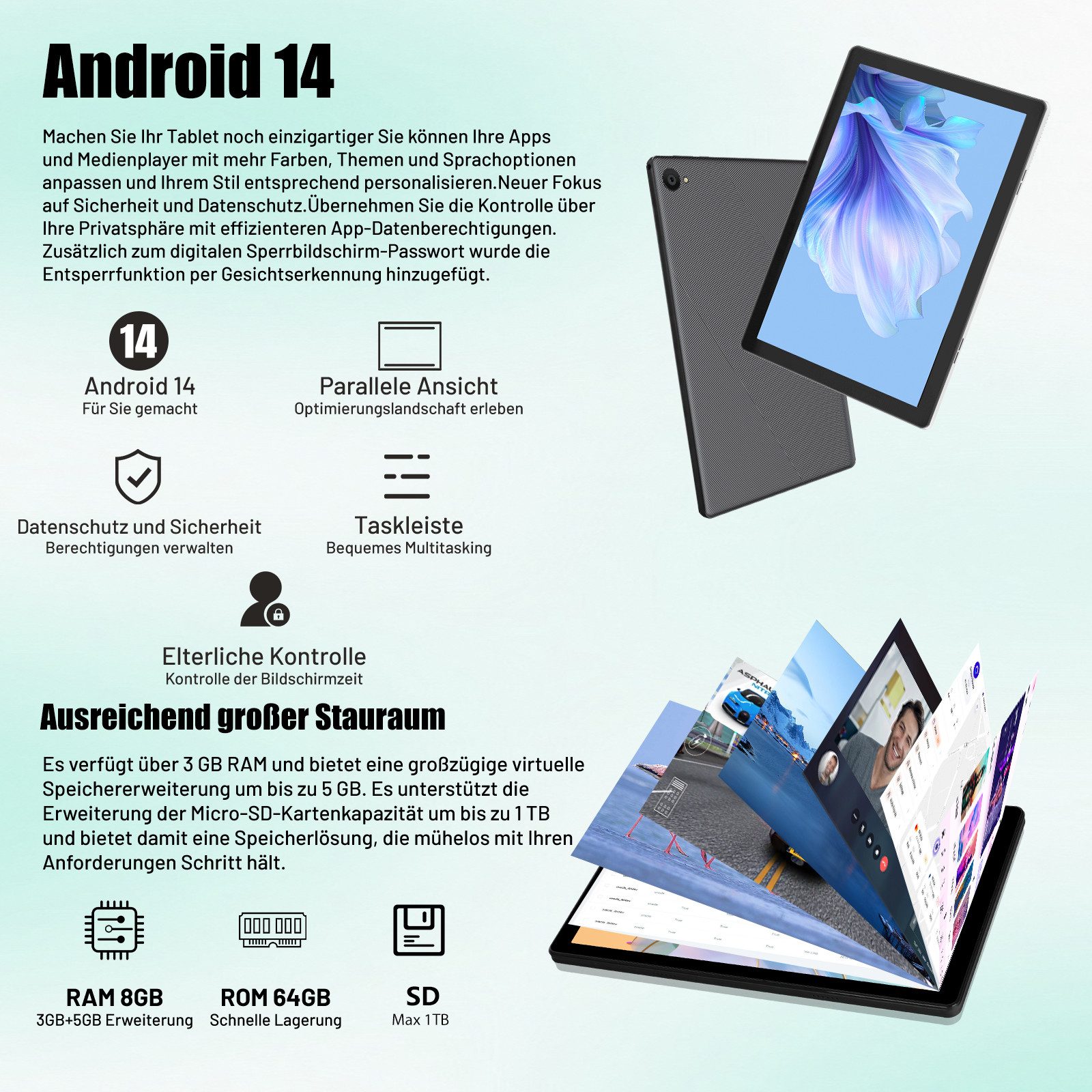Happybe 10 Zoll 64 GB ROM (1 TB TF), Android, 1280x800 HD IPS, WiFi 6 Tablet (10", 64 GB, Android, WIFI, 2,4 GHz/5 GHz WiFi, Bluetooth 5,3, GMS-zertifizierter, Widevine L1)