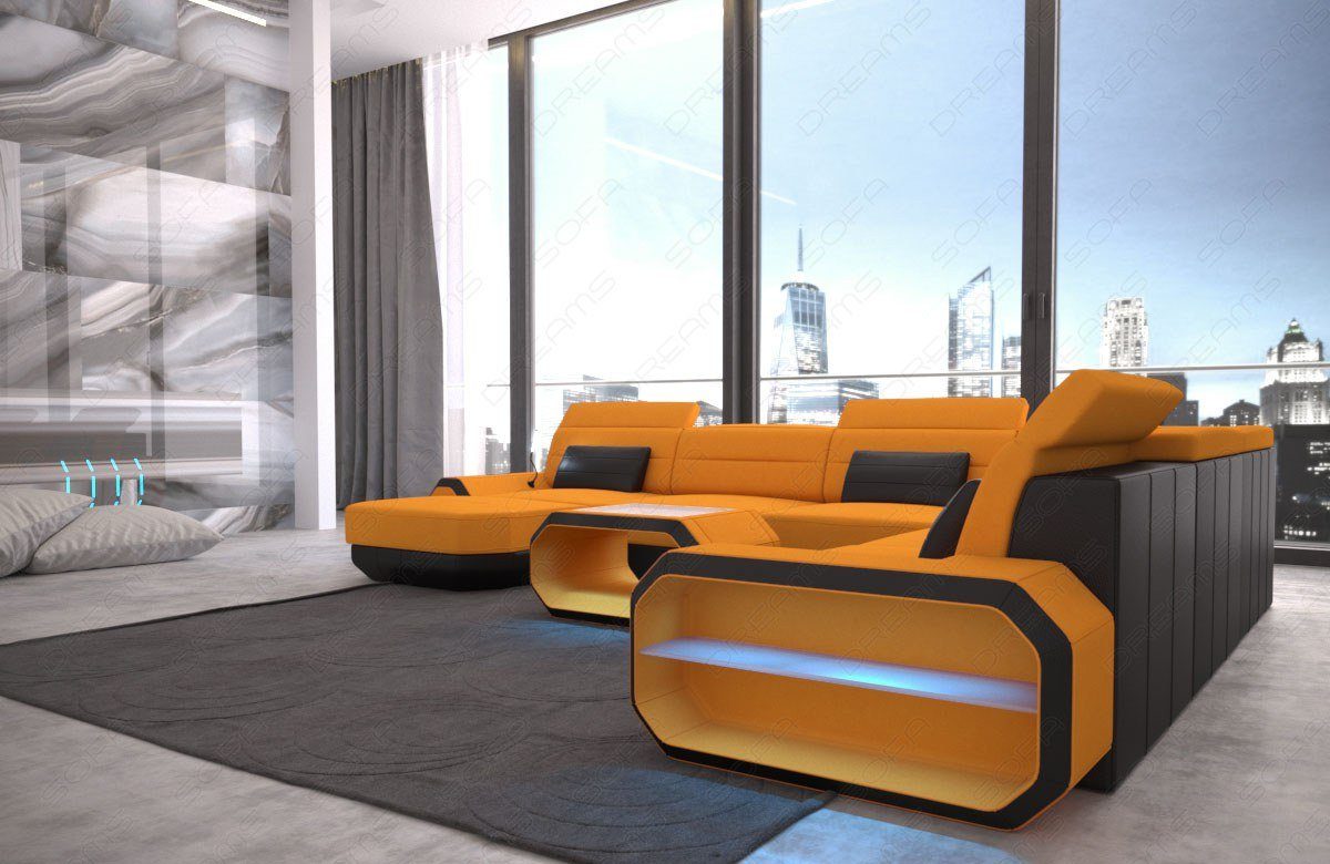 Sofa Dreams M Roma wahlweise Bettfunktion Stoffsofa, apricot-schwarz XXL Designer Polster Stoff Mikrofaser mit Couch Sofa Wohnlandschaft