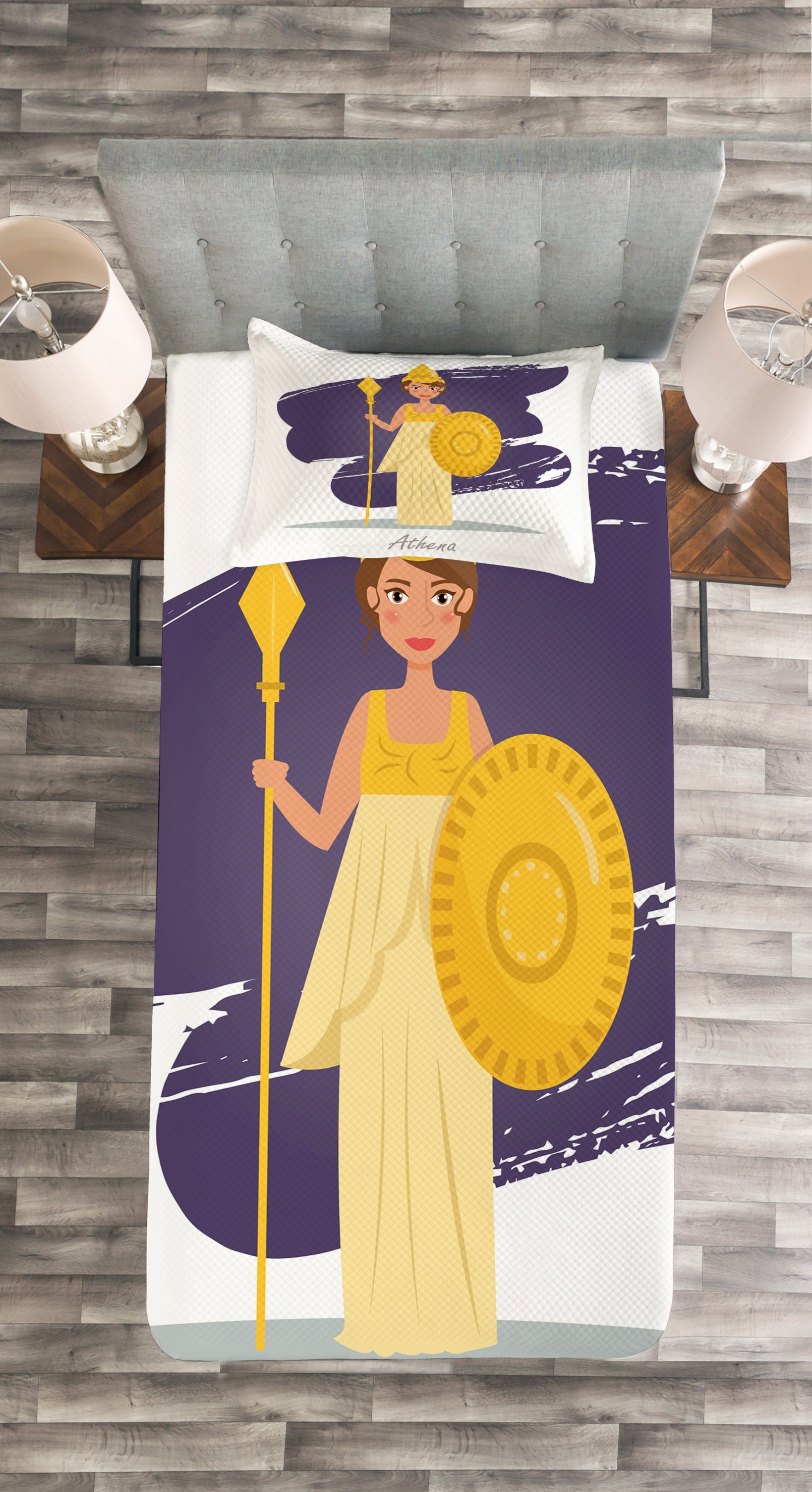 Tagesdecke Set mit Abakuhaus, Kissenbezügen Kalligraphisches Rüstung Athena in Waschbar, Lady