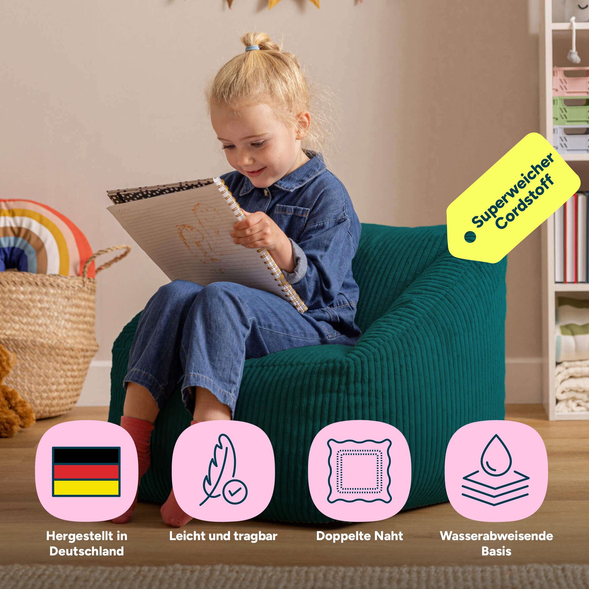 icon Sitzsack Kinder aus Cord Flauschig „Natalia“, 55x44cm, Made in Germany, für Kinderzimmer