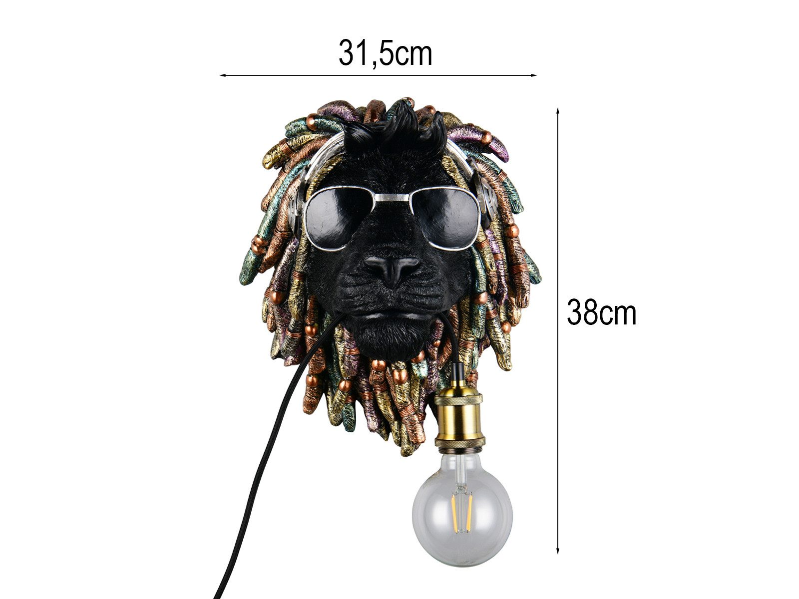 Reality Leuchten LED Wandleuchte Löwenkopf mit Stecker und Kabel H: 38cm, Dimmfunktion, LED wechselbar, warmweiß, Groß-e Wandlampe-n innen ausgefallen-e Tierlampe-n Wandbeleuchtung