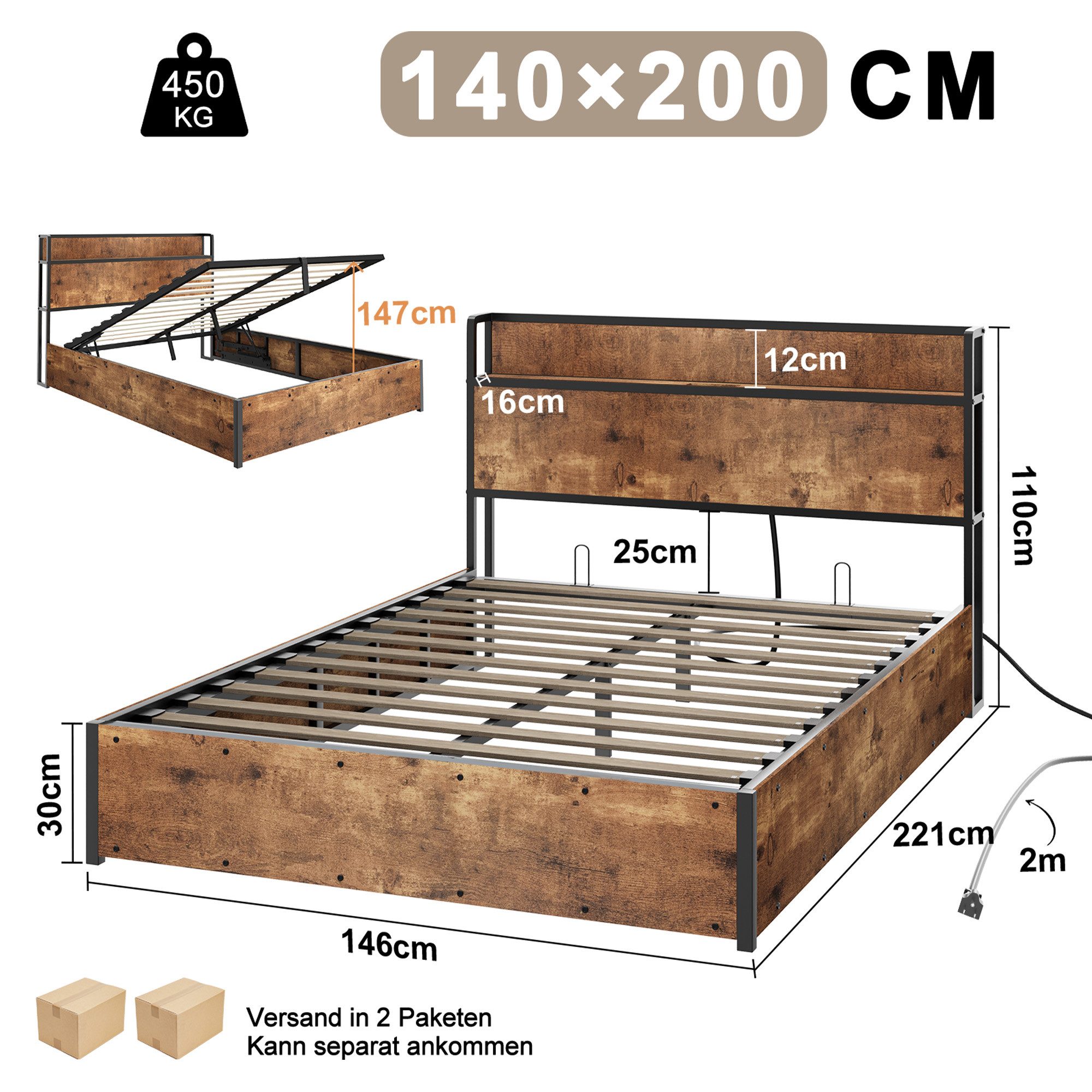 AMERLIFE Bett Doppelbett, Jugendbett mit hydraulischem Stauraum, USB & Steckdosen (1-tlg., Ohne Matratze), Industrie-Design, 140 x 200 cm