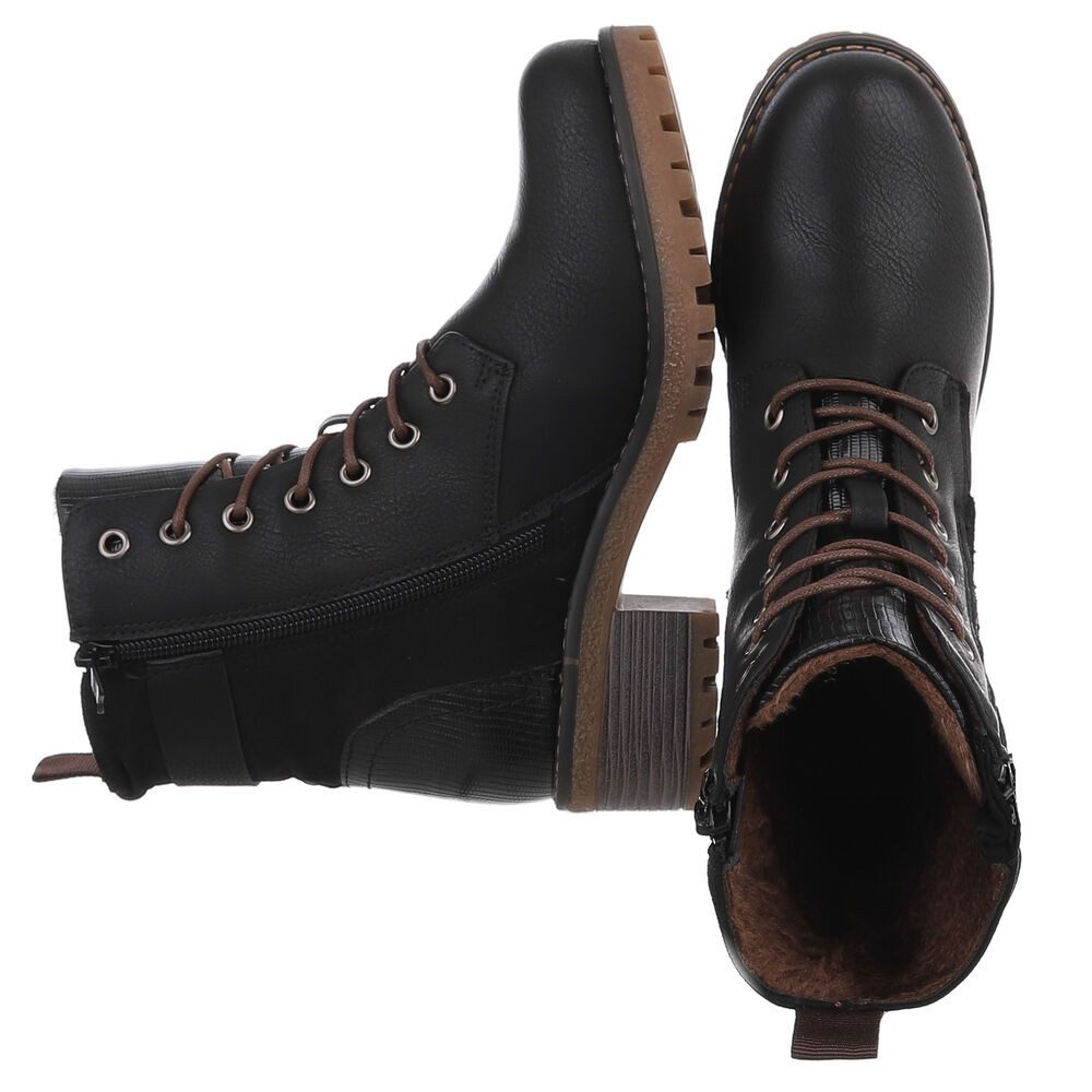 Ital-Design Damen Stiefel mit Reißverschluss und Schnürung Schnürstiefelette (90542917) Blockabsatz Stiefeletten in Schwarz