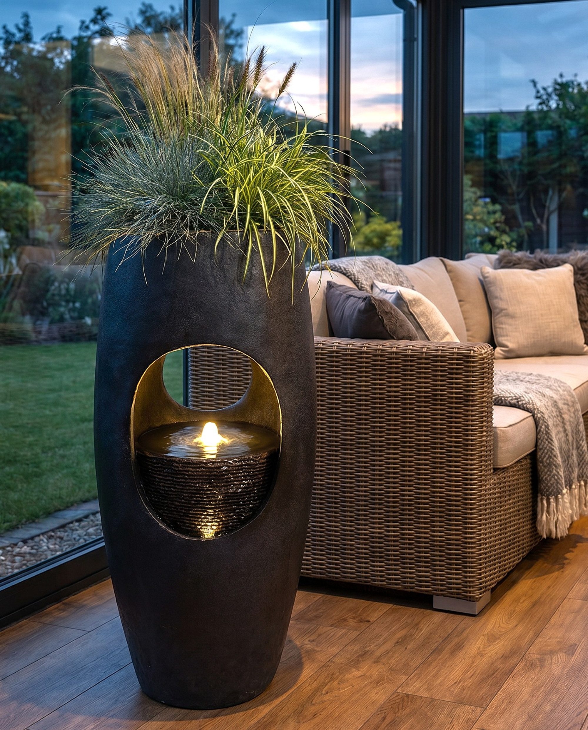 Arnusa Gartenbrunnen Großer LED Springbrunnen bepflanzbar 91 cm modern Pflanzkübel, 2 in1 Brunnen und Blumentopf