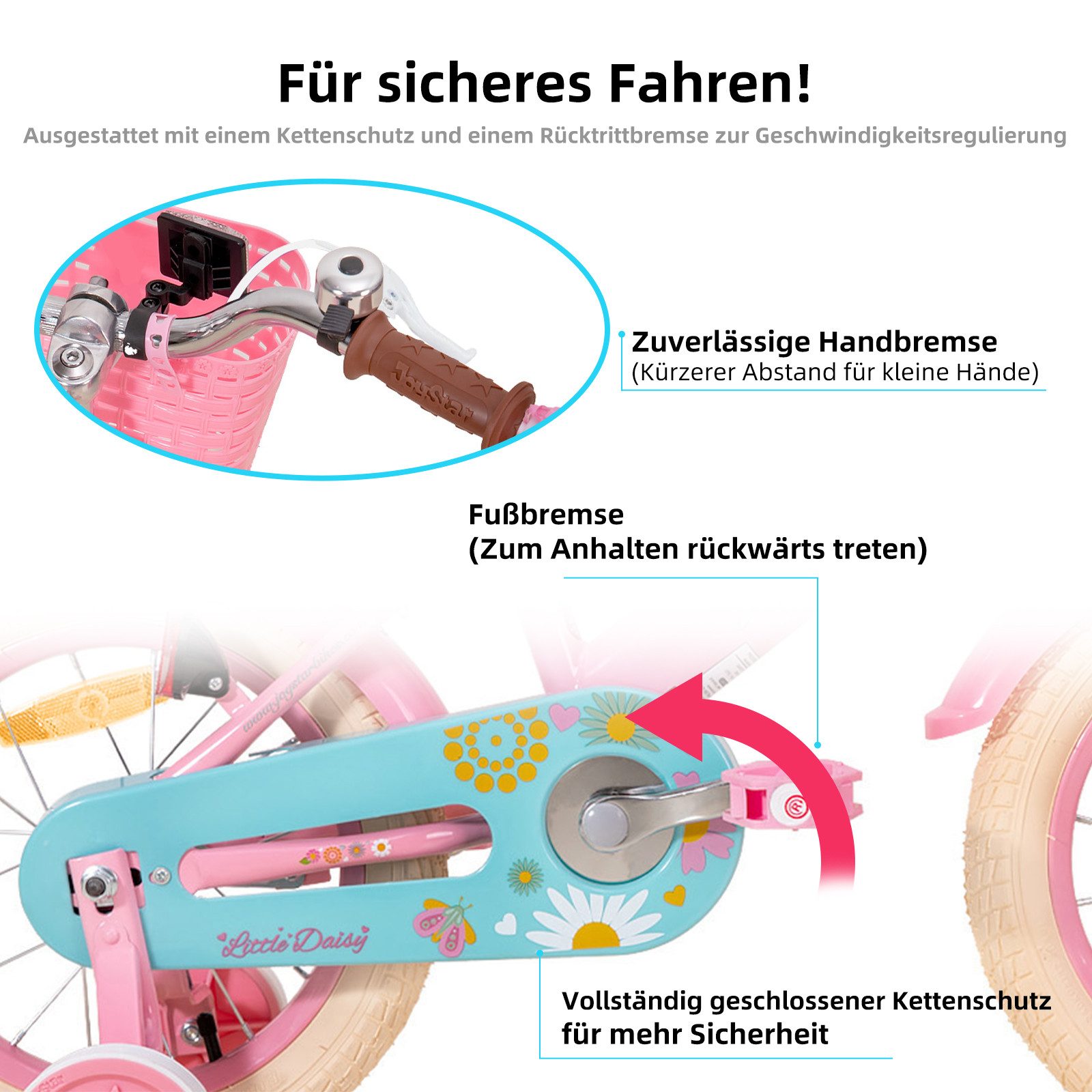 JOYSTAR Kinderfahrrad 12, 14, 16 Zoll Mädchenfahrrad, 3 - 8 Jahre,Geschenk für Prinzessin, 1 Gang, Mit Hilfsrädern, farbigen Bändern, Korb, Reflektor, Kettenabdeckung