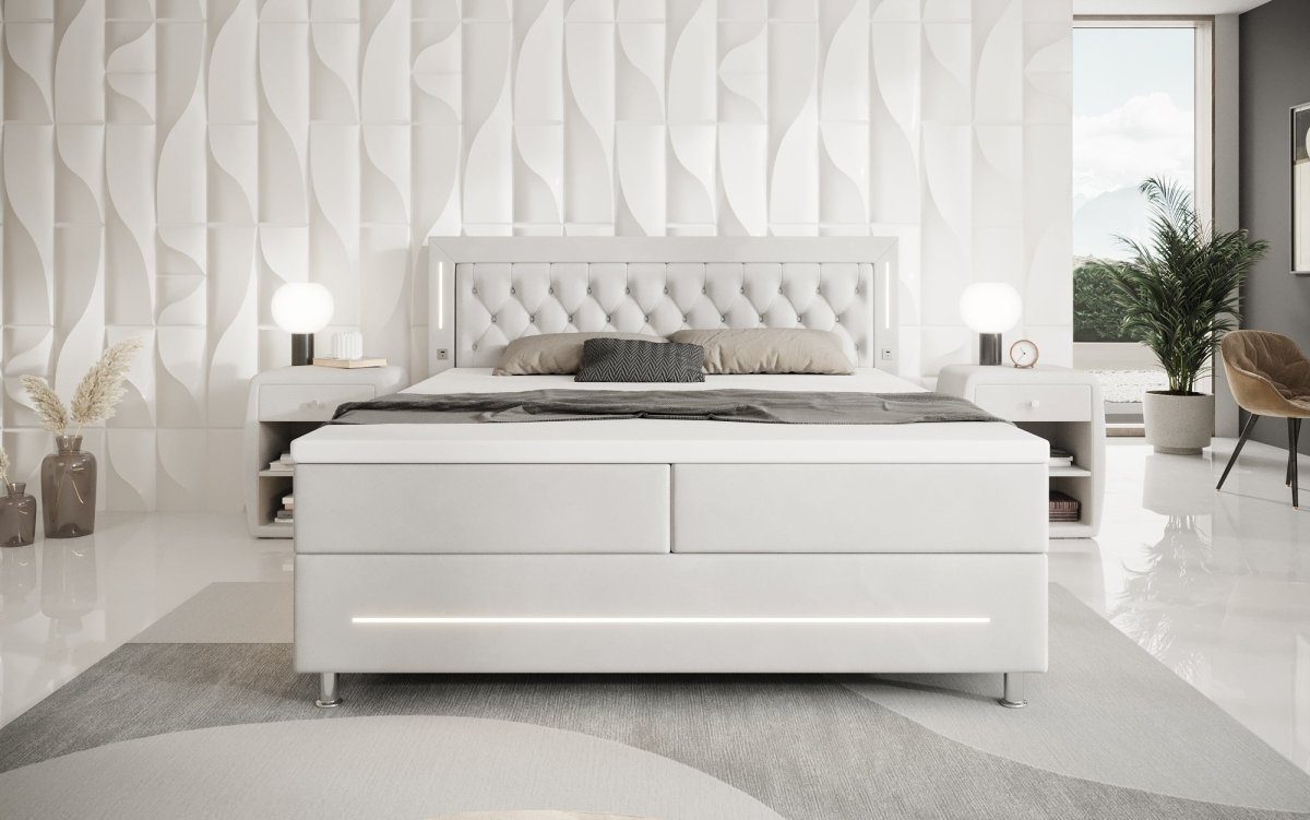 Luxusbetten24 Boxspringbett Tino, mit RGB-Beleuchtung, USB-Anschluss und Stauraum