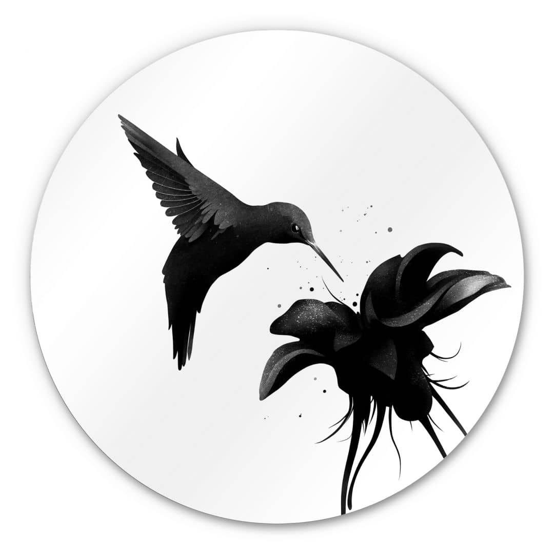 K&L Wall Art Alu-Dibond-Druck Metallposter Rund Hibiskus Kolibri Vogel Vintage Boho Wanddeko, Metalloptik Wandbild Ø 20cm