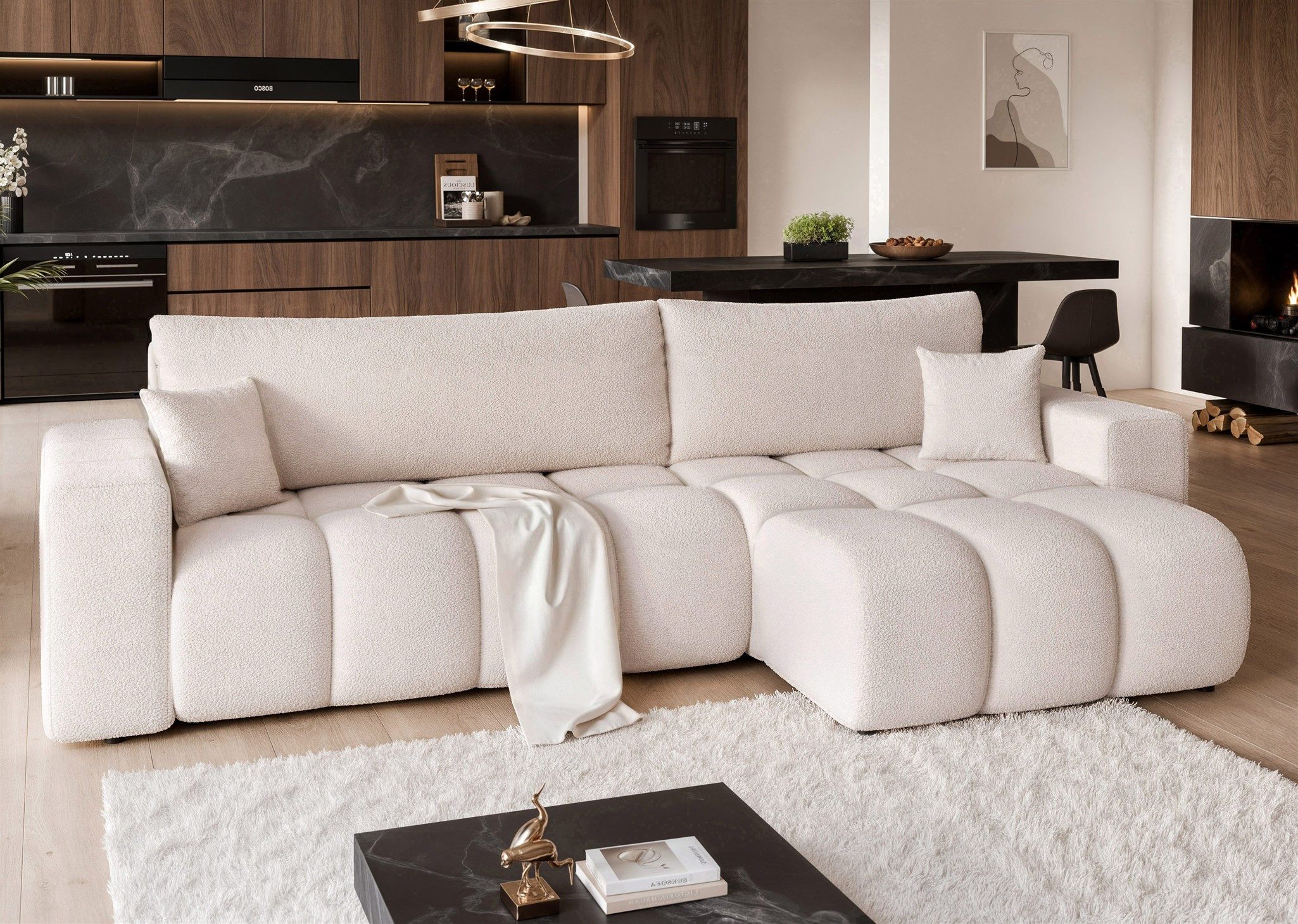 Fun Möbel Ecksofa Schlafsofa ANABEL MAX mit Ottomane Stoff, mit Ottomane Links oder Rechts, Sofa Rücken echt bezogen