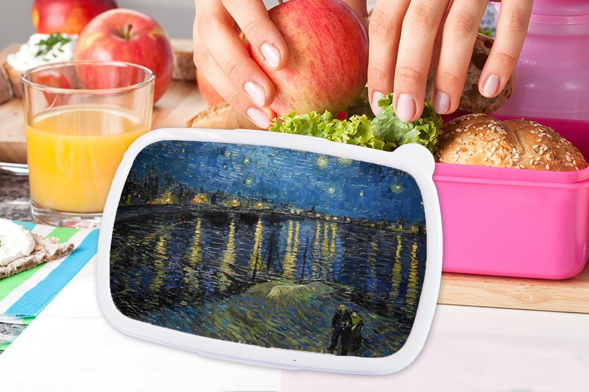 MuchoWow Lunchbox Van Gogh - - Brotbox Mädchen, (2-tlg), Meister, Brotdose Snackbox, Kunststoff Kunststoff, Alte Brücke rosa für Kinder, Erwachsene