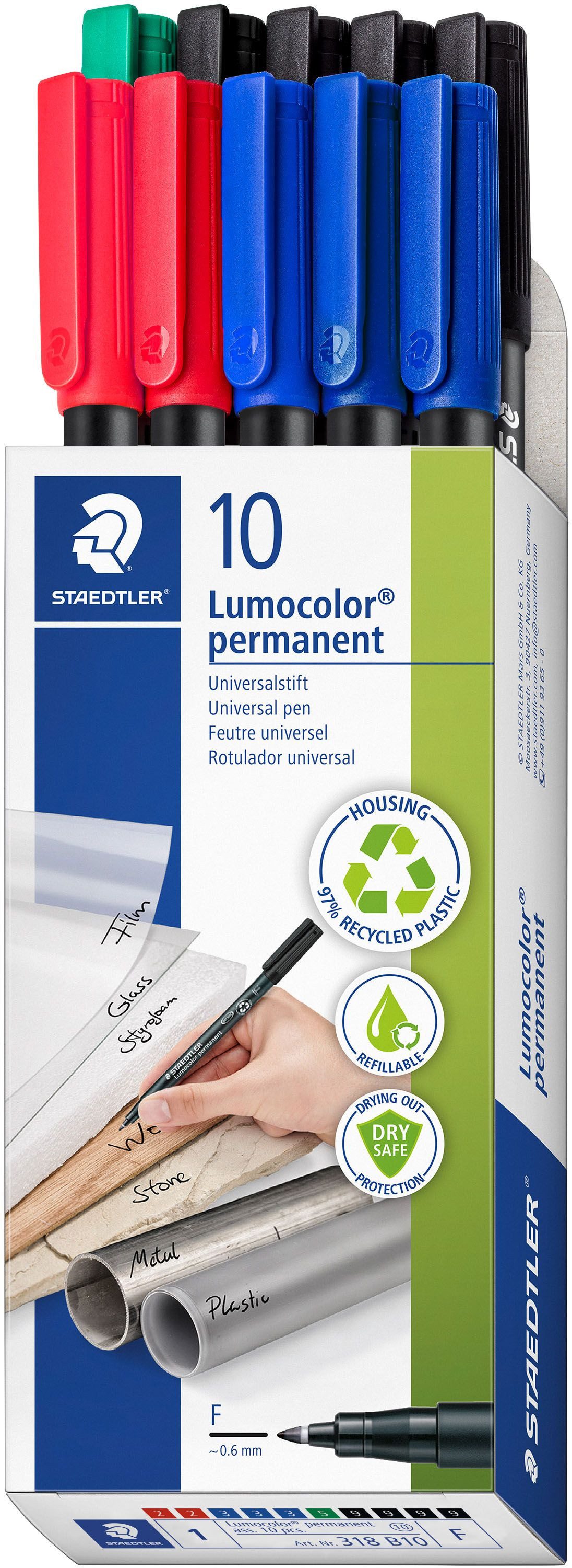 STAEDTLER Fineliner Folienschreiber Lumocolor F permanent farbig sortiert VE=10 Stück