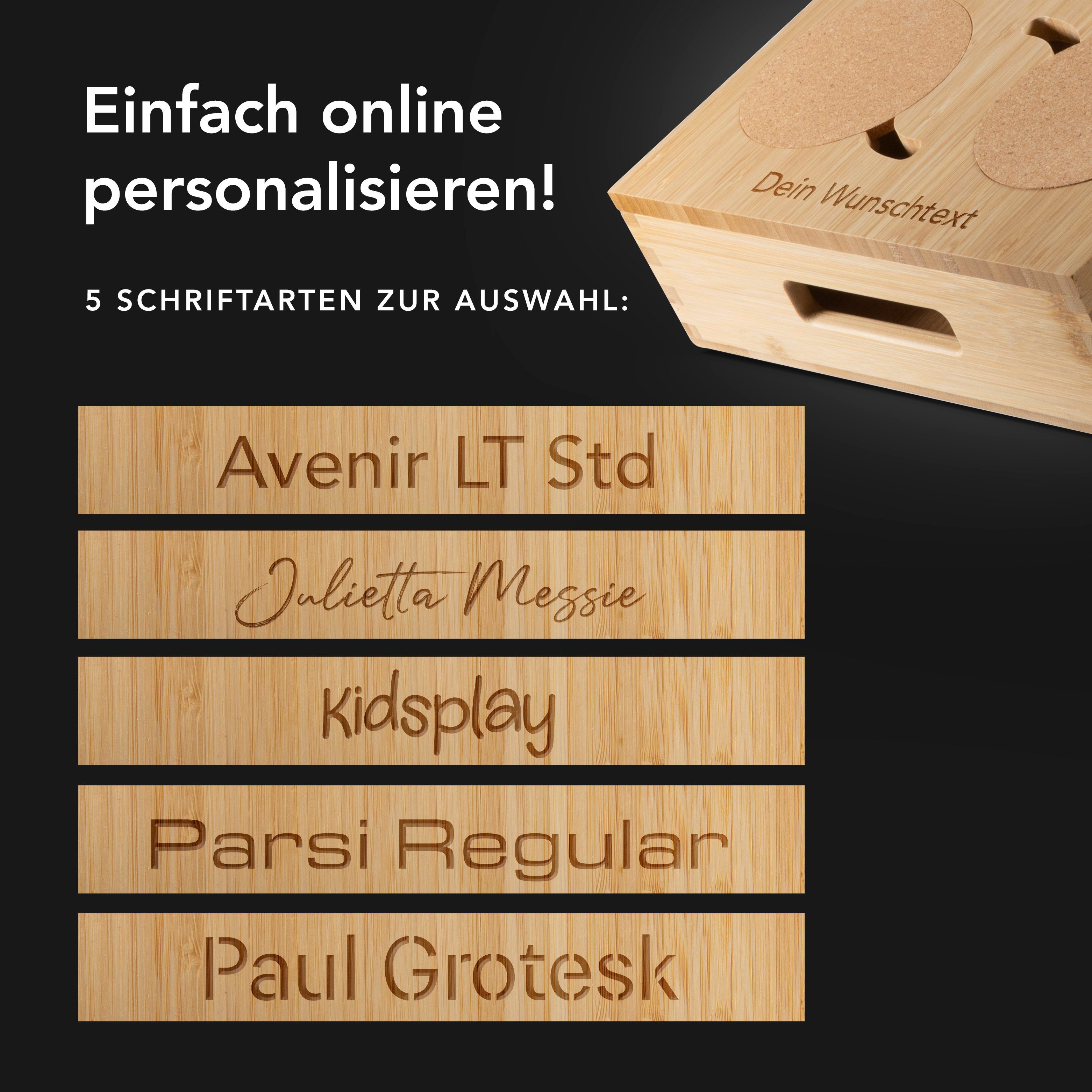 NewHabitat Servierplatte Couchbar Snackbox aus Bambus Personalisierbar inkl. Geschenkbox, Personalisiert, (Geschenkset, Couchbutler), Perfekt als Geschenk