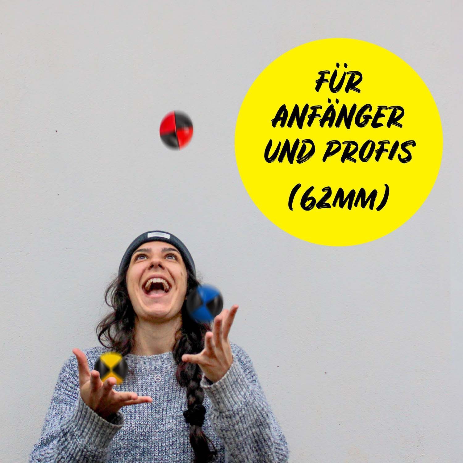 Diabolo Freizeitsport Jonglierball 3er & 5er Set, Jonglierbälle vierfarbig und zweifarbig (Balljonglage Set Zweifarbig - Weiche Lernbälle für Einsteiger, 3-St., Koordinationsbälle 3 Stück - Softbälle zum Jonglieren Lernen), 3er Juggling Balls 62 mm, 100g - Anfänger Training mit Vogelhirse