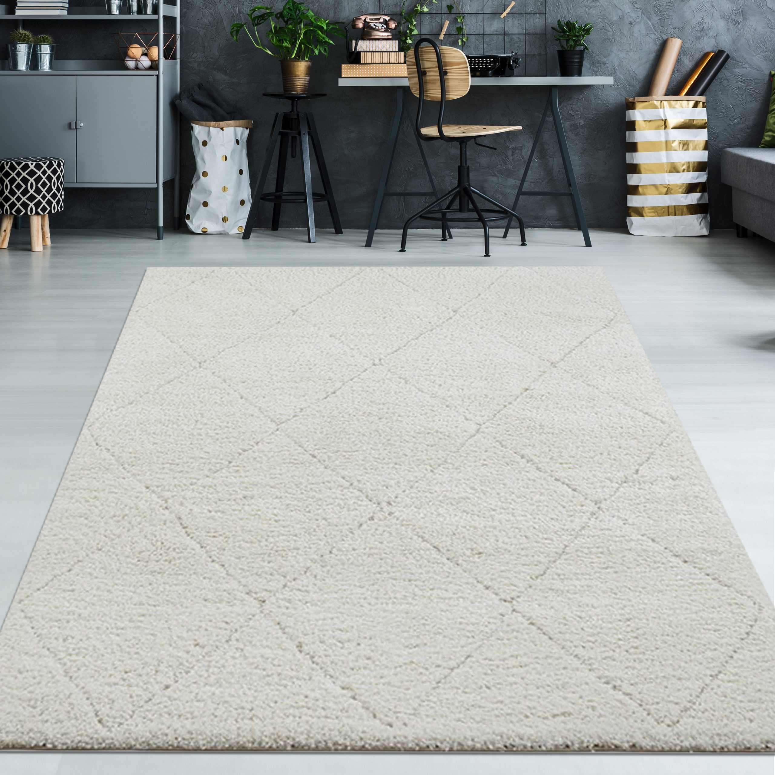 TeppichHome24 Teppich Hochflor Teppich creme mit Rautenmuster modern weich, rechteckig