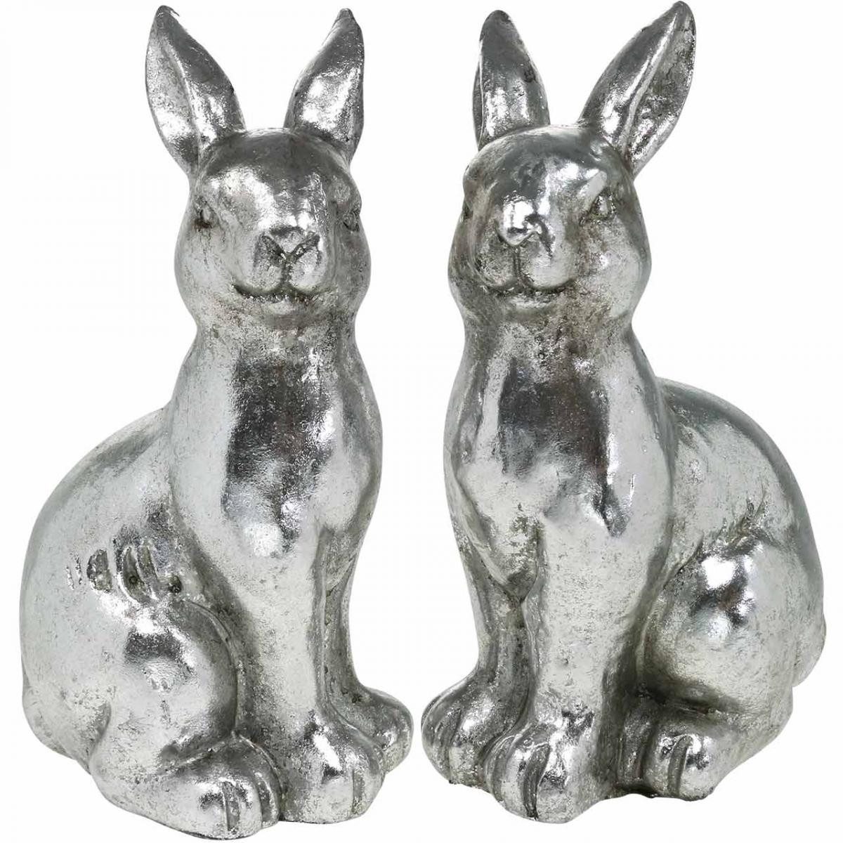Osterhase 2er Set Deko Hase sitzend, Silberne Osterdeko im Vintage-Look
