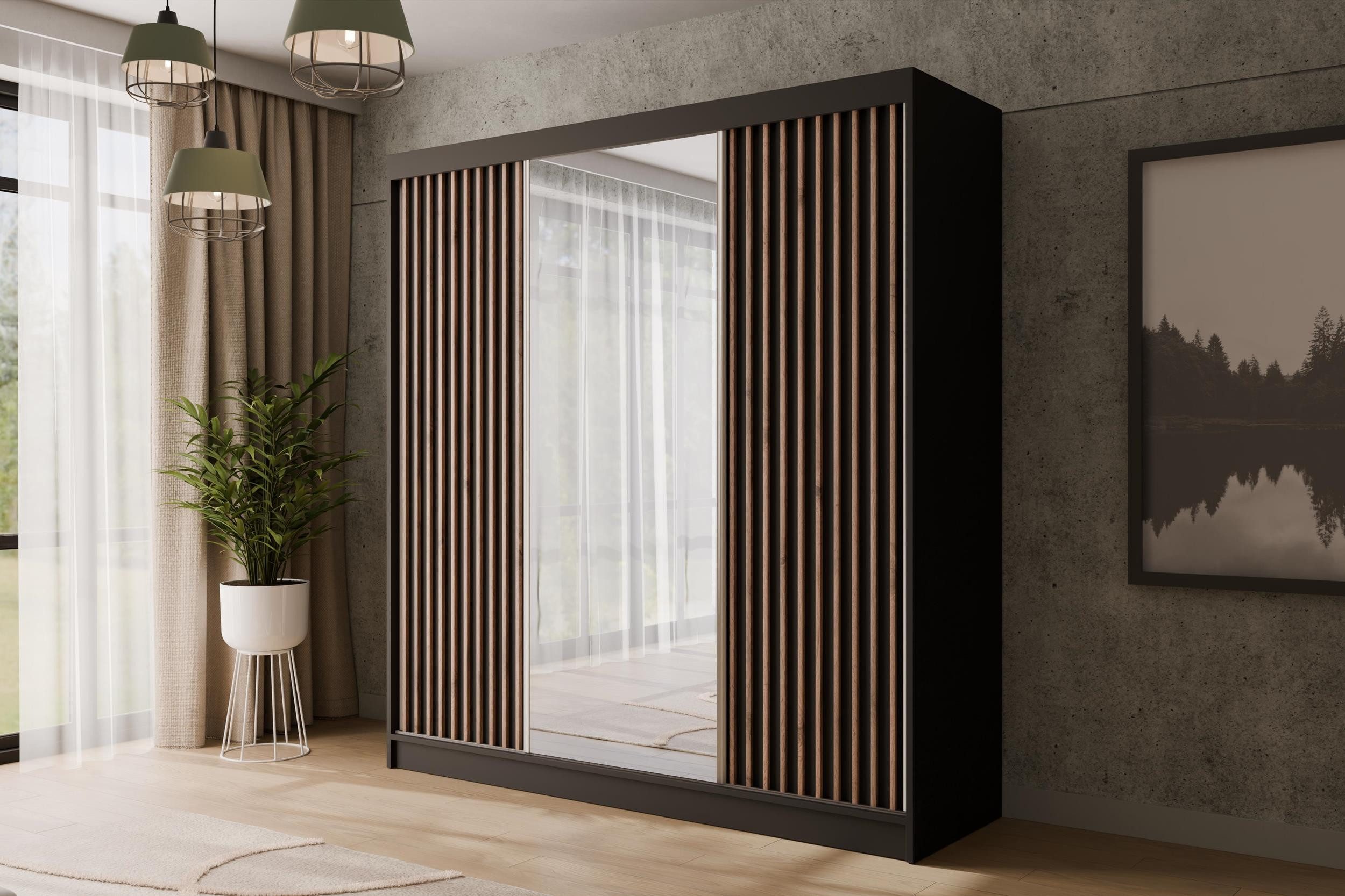 ALTDECOR Schiebetürenschrank V2-ZENTI (Kleiderschrank Garderobenschrank mit viel Stauraum Moderner Schrank) Spiegel Spiegeltüren Lamellen Vielseitiger Schwebetürenschrank