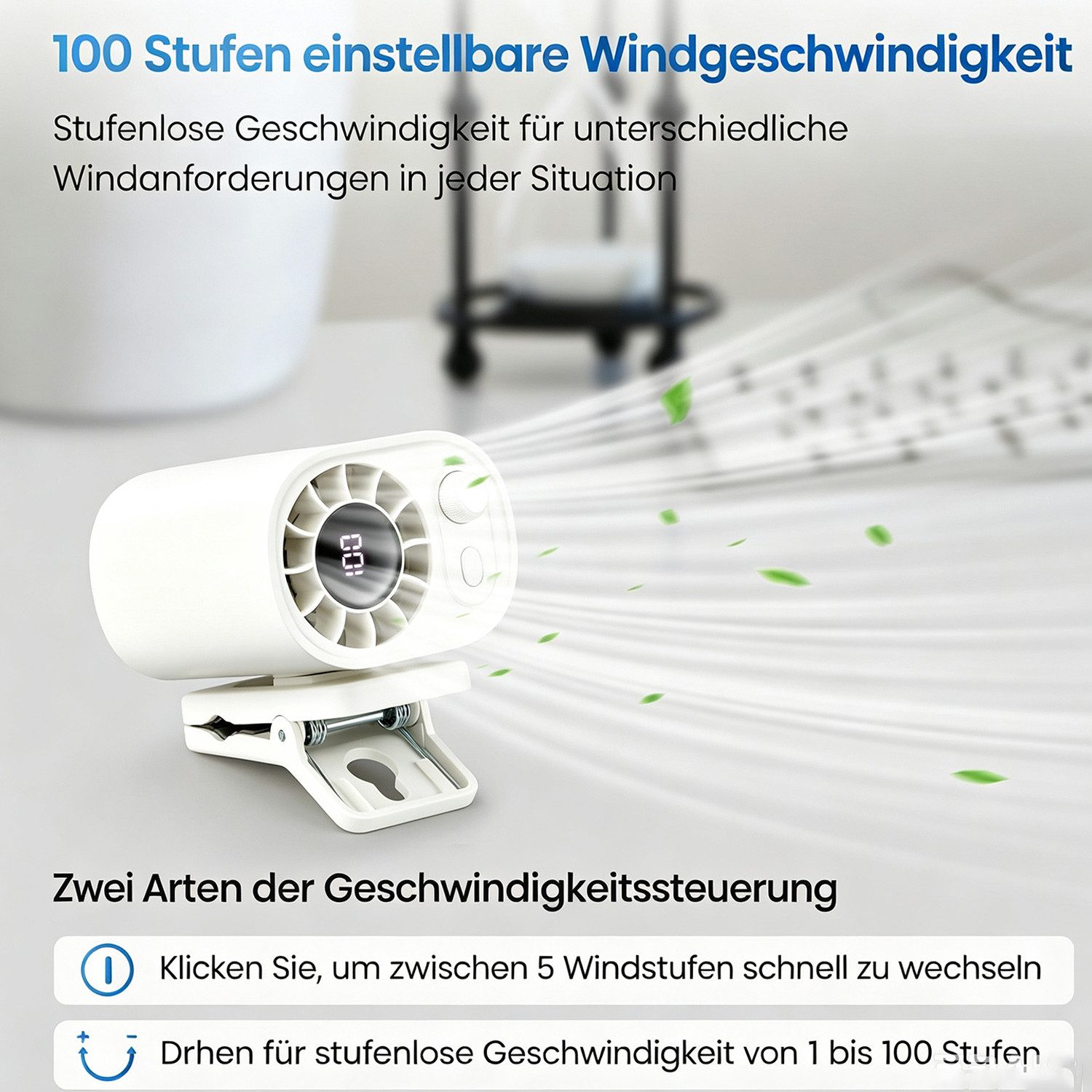MOPUEA Mini USB-Ventilator Tragbarer Clip-Ventilator, 100 Stufen, mit LED-Anzeige, 360°-Luftstrom, für Hosenbünde, Schreibtische, Kinderwagen und Reisen