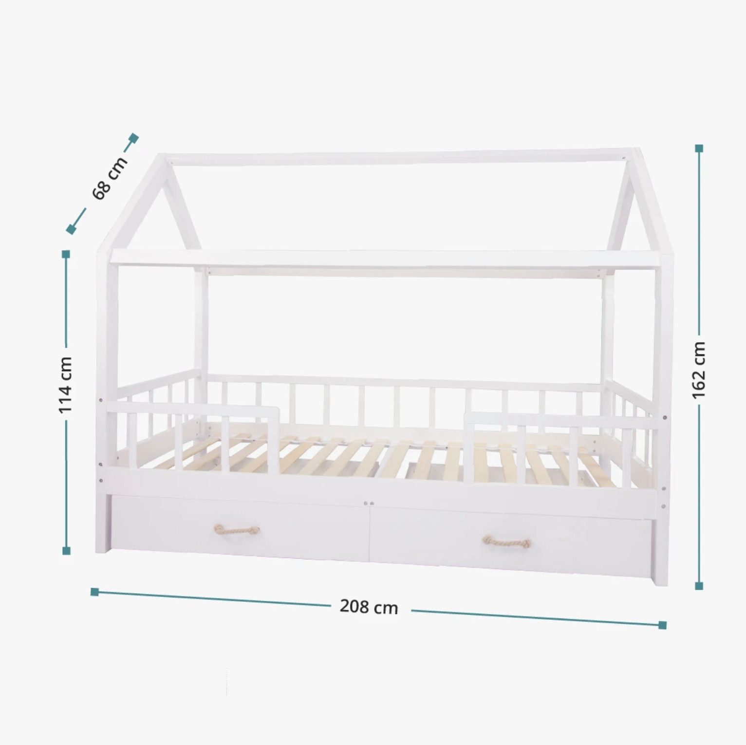 Puckdaddy GmbH Hausbett 90x200 - Kinderbett weiß, Holz mit Schubladen + Rausfallschutz, Montessori Hausbett 90x200 mit Schubladen: 2 x Bettkasten auf Rollen