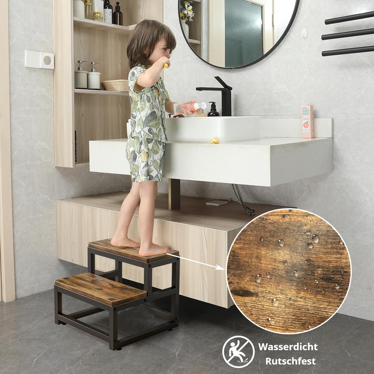 JOYOLEDER Tritthocker Zweistufiger Tritthocker aus Holz, Tragfähigkeit bis zu 220KG – Bild 4 von 5