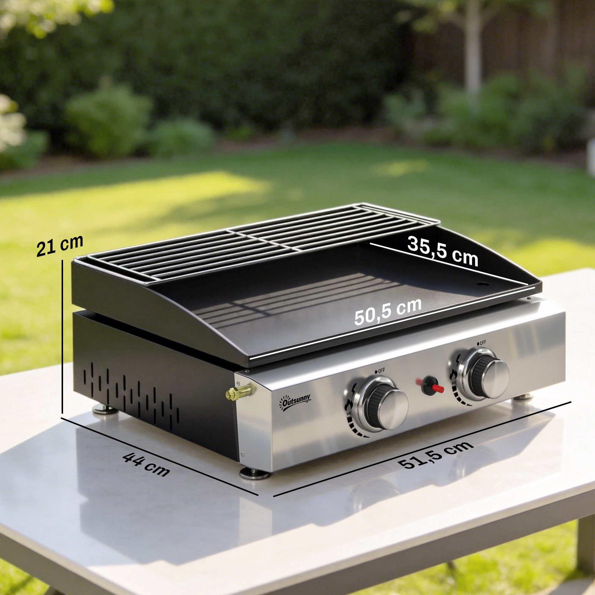 Outsunny Gasgrill mit 2 Brenner, Keramische Lackbeschichtung Grillrost, Warmhalterost, Picknickgrill, Tischgrill, für Garten Balkon