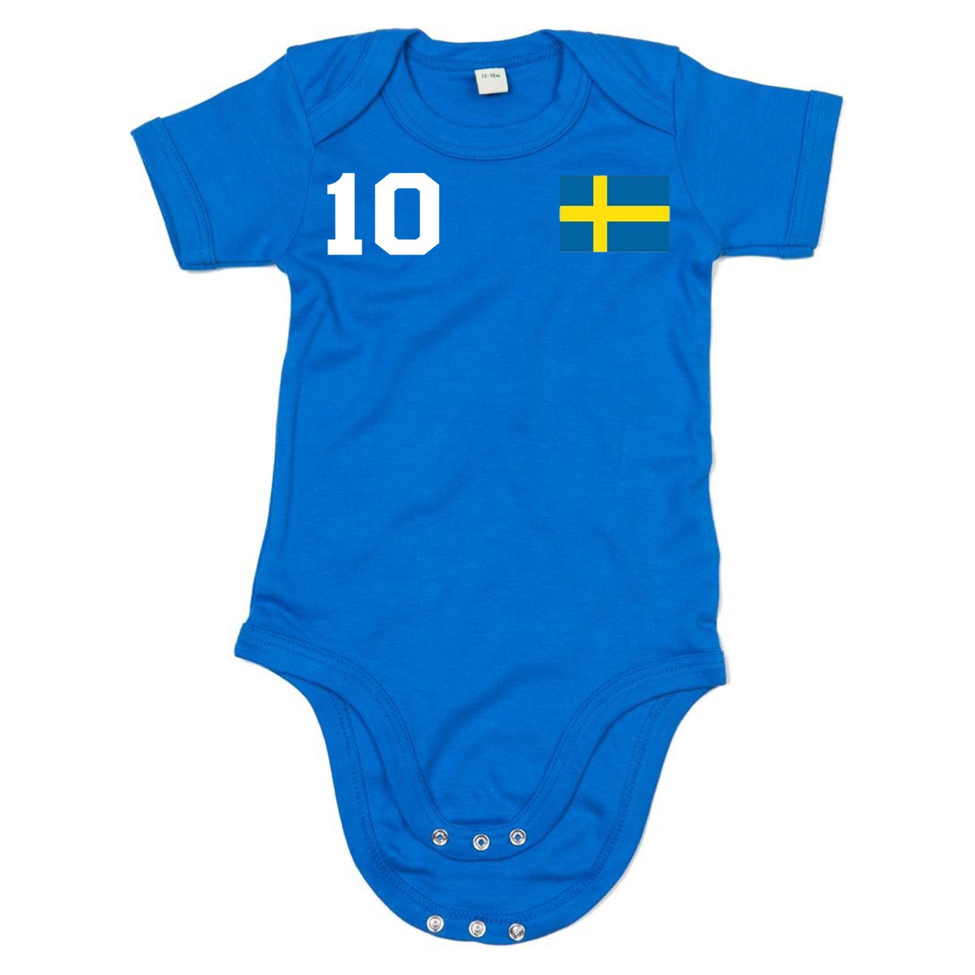 Baby Sport Blondie WM Fussball & Meister Kinder EM Brownie Schweden Strampler Trikot Weiss/Blau Body Europa