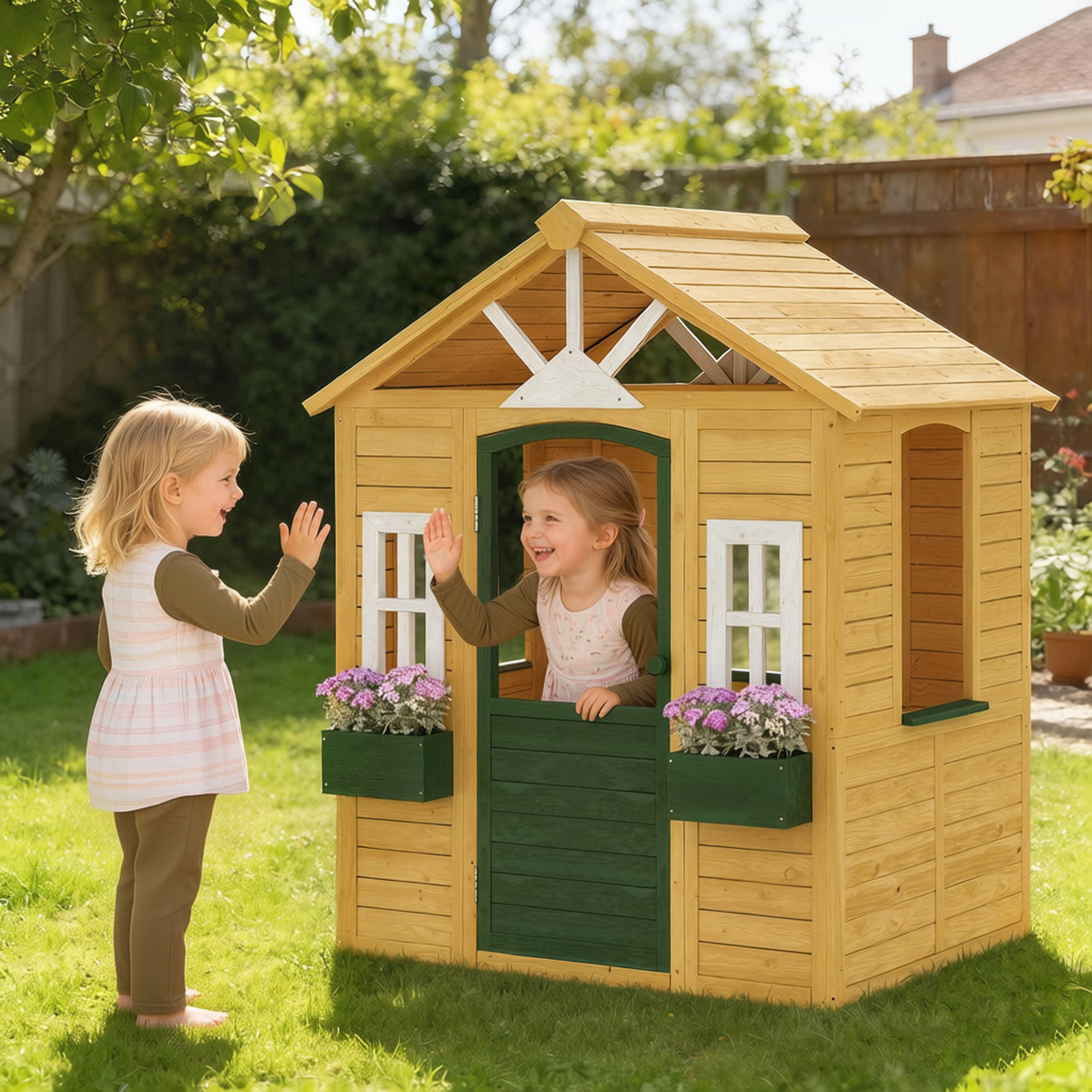 AIYAPLAY Spielhaus Kinderspielhaus aus Holz Outdoor mit Tür 3 Fenster Gartenhaus, für Kinder von 3-8 Jahren 134,5 x 97 x 150 cm Braun