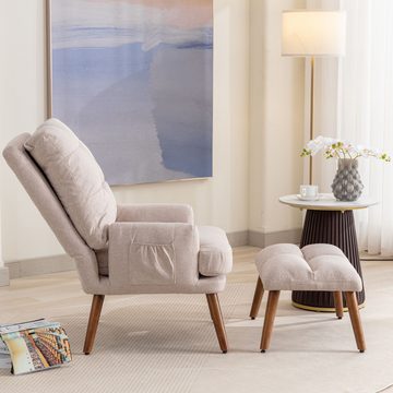 FUROKOY Loungesessel Sessel Wohnzimmer Einzelsofa Relaxsessel mit Fußhocker, (Rückenlehne 90° verstellbar), Beige Stuhl mit Rückenlehne & Seitentaschen