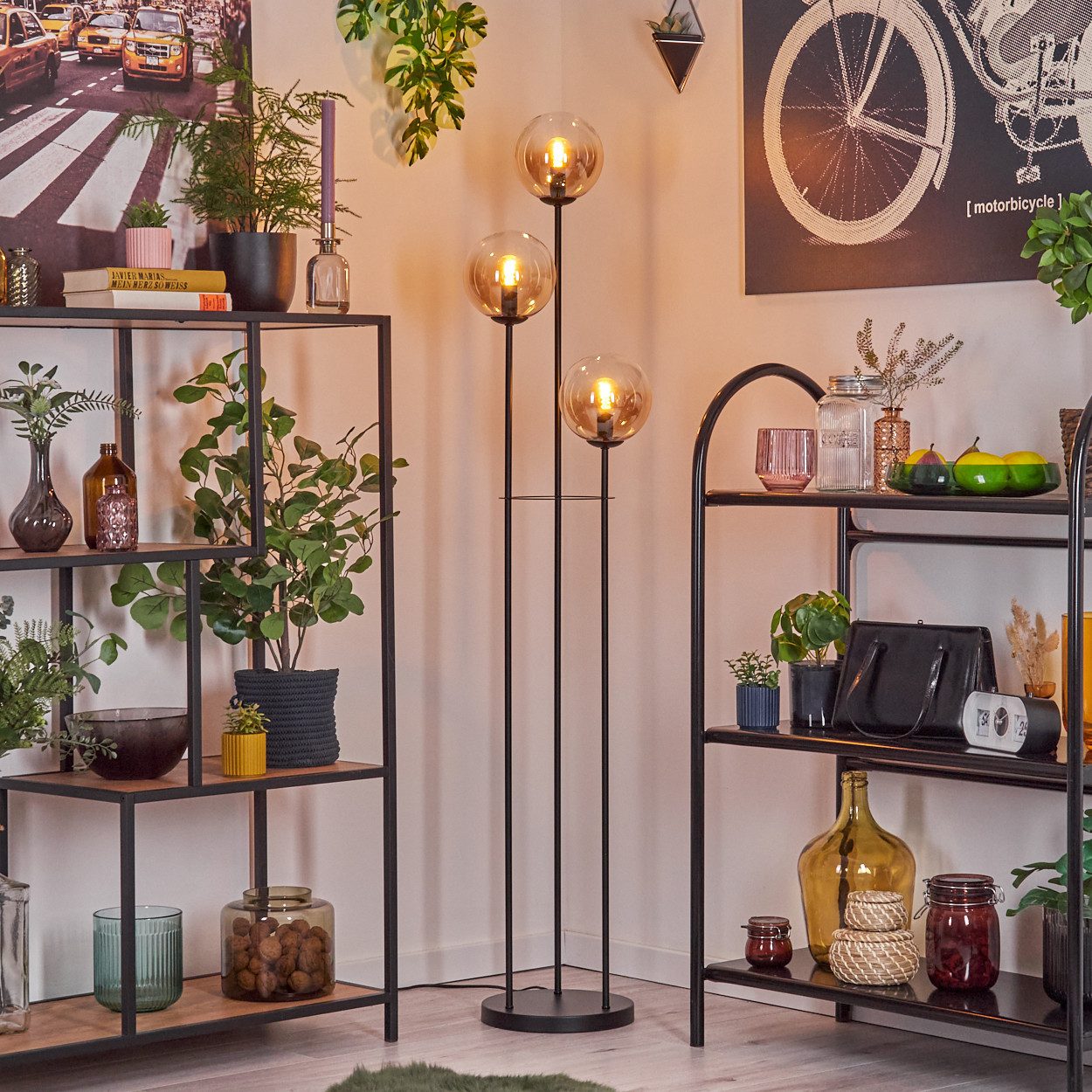 hofstein Stehlampe Stehlampe aus Metall/Glas in Schwarz/Bernsteinfarben/Klar, ohne Leuchtmittel, Stehleuchte im Retro-Design m. Glasschirmen (15cm), Fußschalter, E14