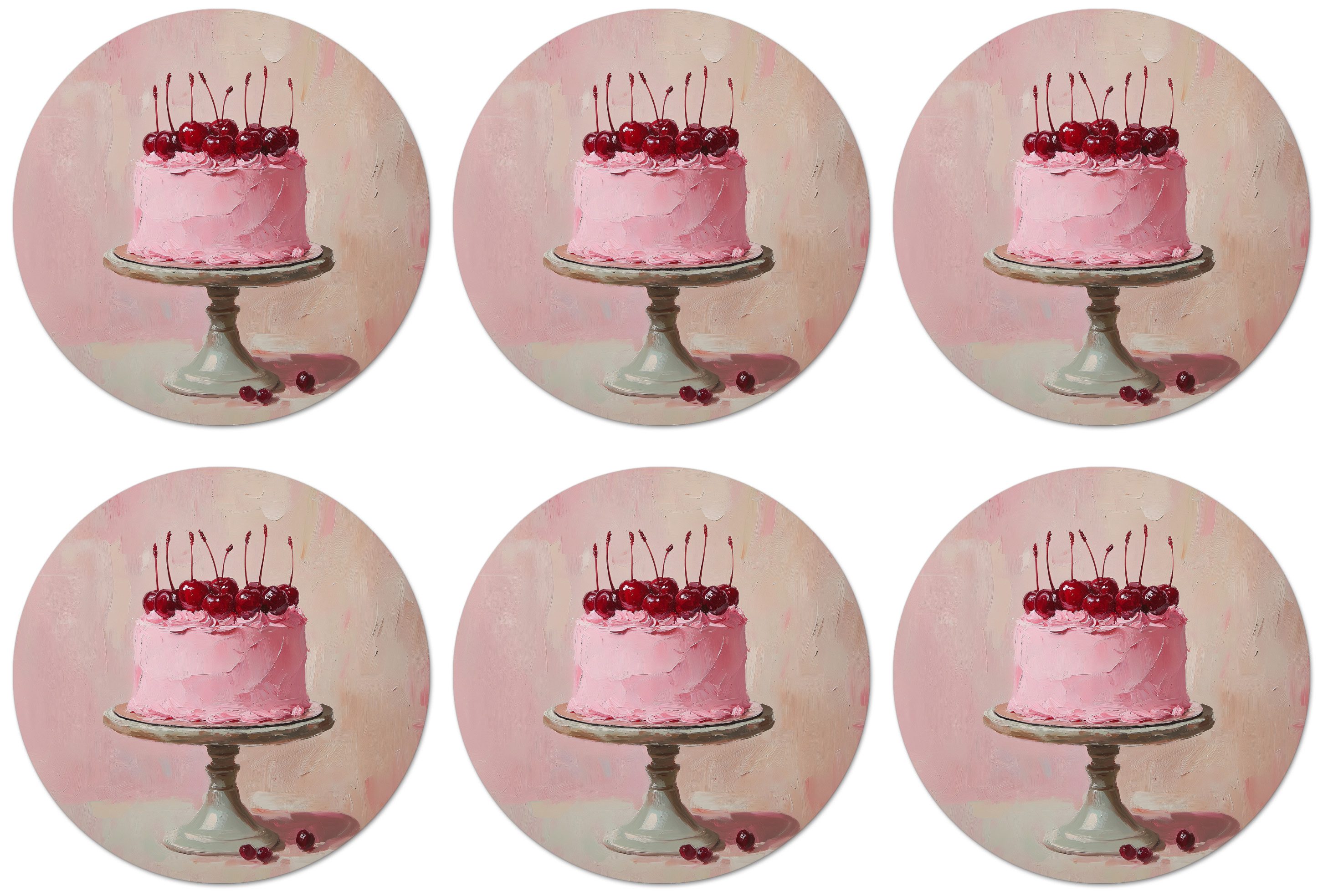 MuchoWow Glasuntersetzer Torte - Rosa - Kirsche, Zubehör für Gläser, 6-tlg., Getränkeuntersetzer, Rund, Tassenuntersetzer Kork, 10x10 cm