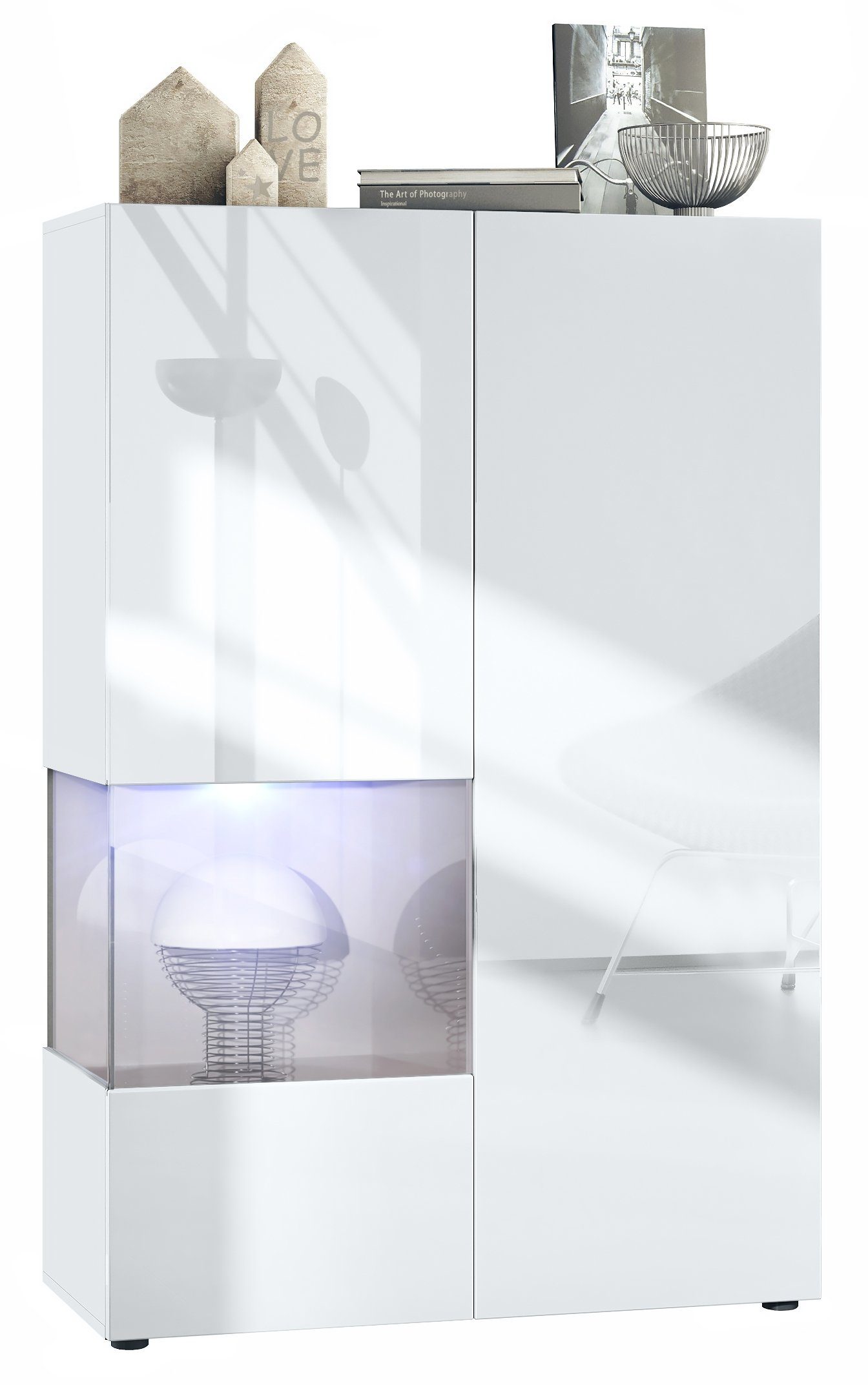 Vladon Standvitrine Morena V2 (Standvitrine, mit 2 Türen und Glaseinsatz inkl. LED-Beleuchtung) Weiß matt/Weiß Hochglanz/Sandgrau Hochglanz (91,5 x 136,5 x 37 cm)