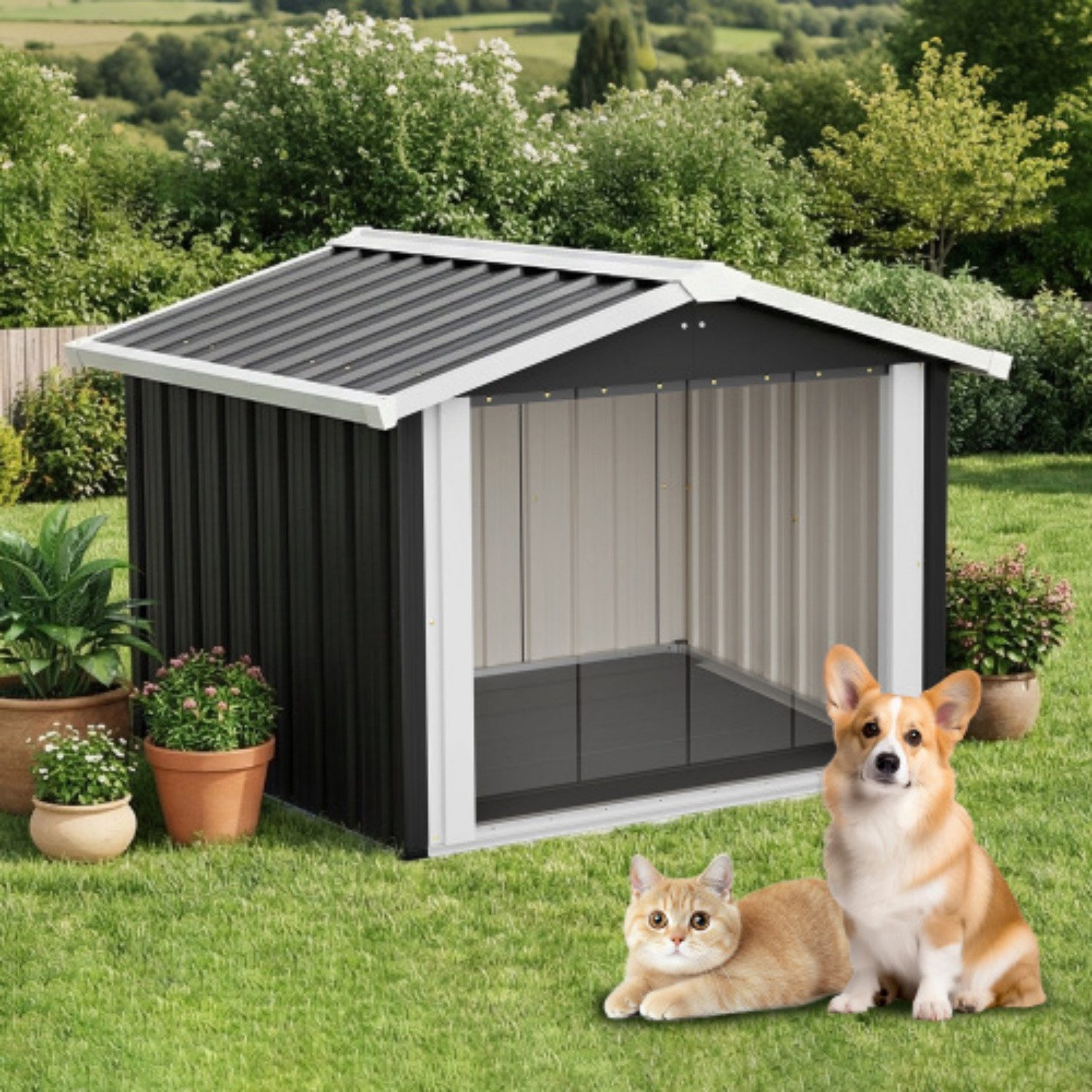 ANYSUN Hundehütte Hundehaus aus Metall, wetterfest, Schrägdach, Belüftung & UV-Schutz, Mit Rolltür, freiem Ein- und Ausgang & 102,4 × 91 × 84,7 cm