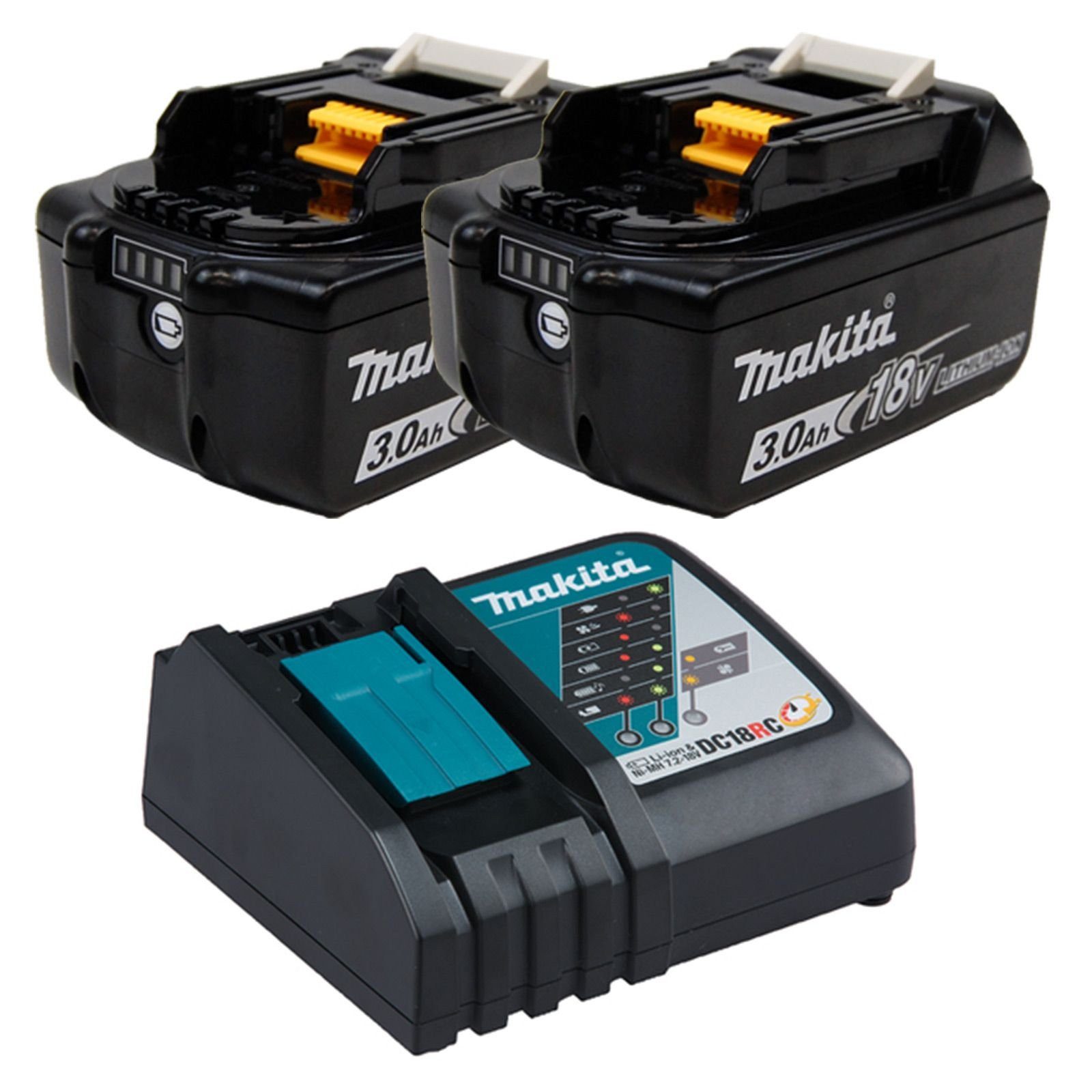 Makita Makita 2x BL1830B Akku 3,0 Ah 18V Li-Ion mit Ladestandsanzeige + ... Akku Starter-Set