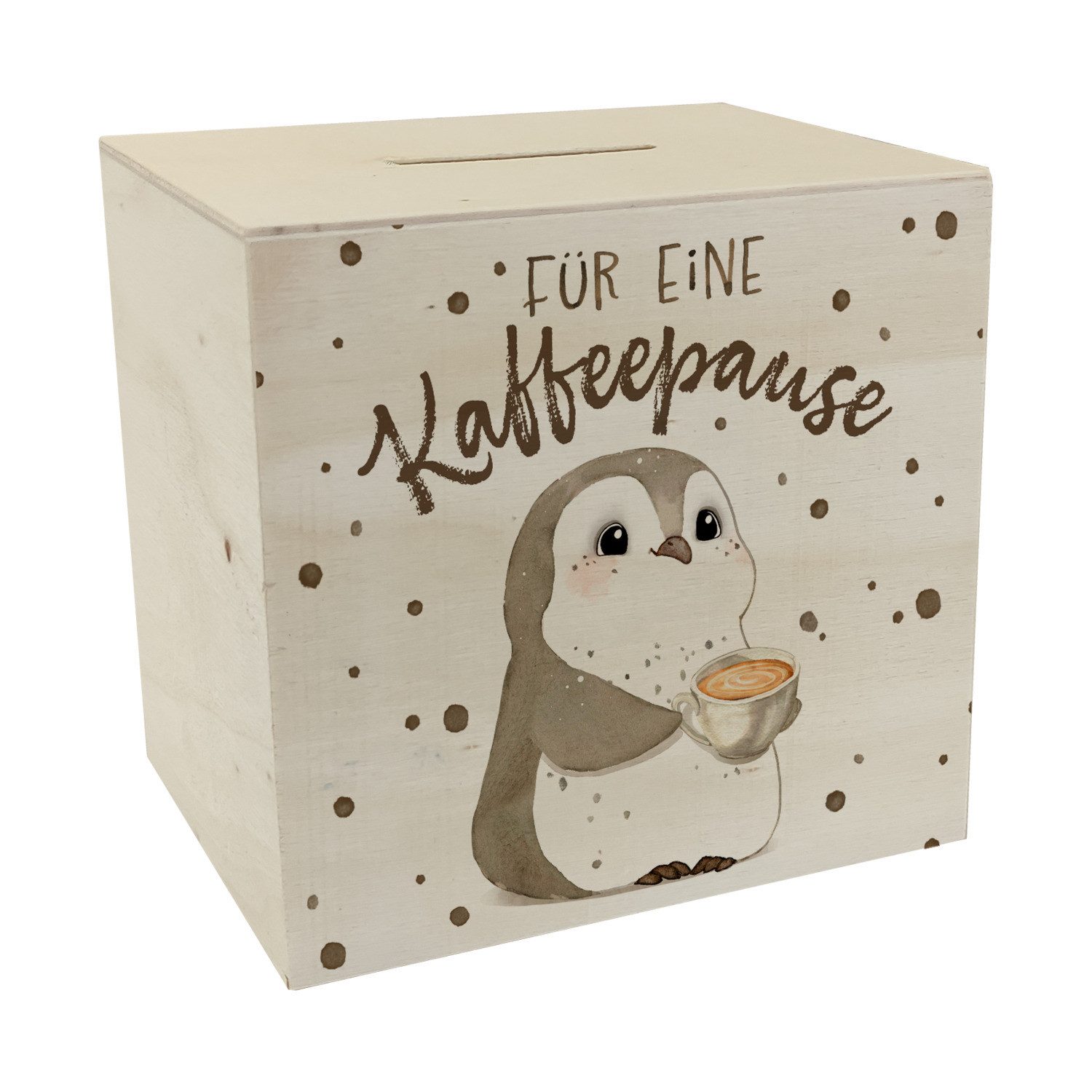 Spardose Pinguin mit Cappuccino Spardose aus Holz Spruch Für eine Kaffeepause